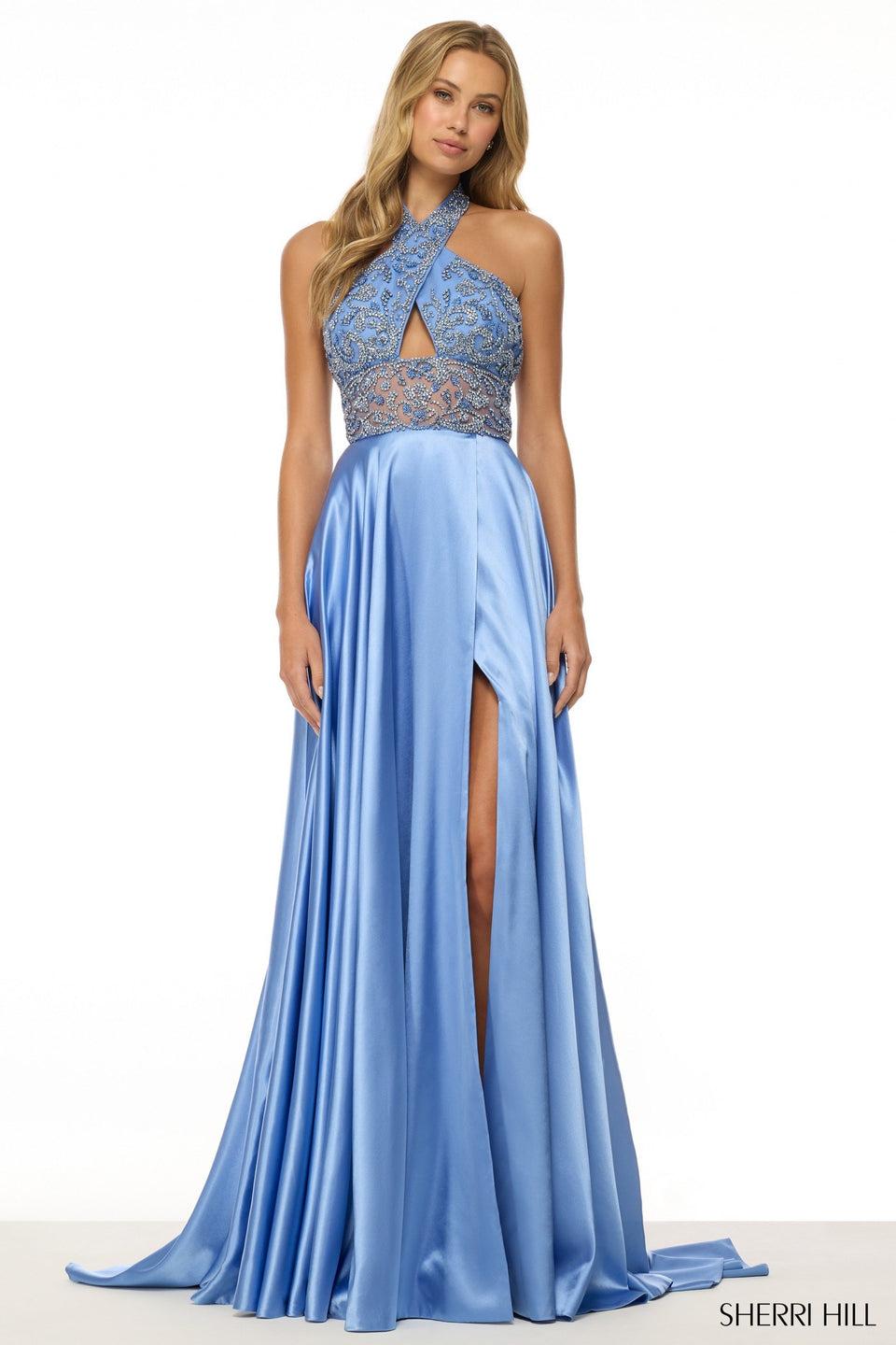 Sherri Hill Halter A-line Gown With Beaded Bodice Keyhole And Silk Skirt With Slit
