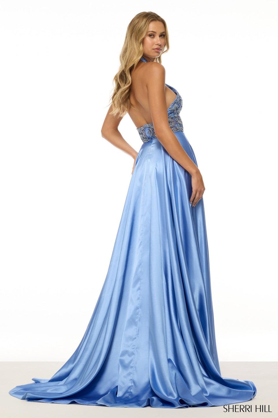 Sherri Hill Halter A-line Gown With Beaded Bodice Keyhole And Silk Skirt With Slit