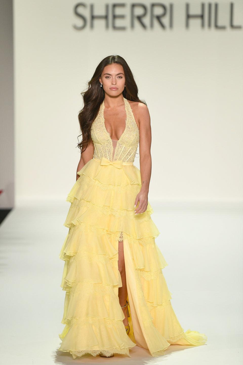 sherri hill Halter A-line gown with chiffon and lace ruffle skirt with slit sherri hill Halter A-line gown with chiffon and lace ruffle skirt with slit