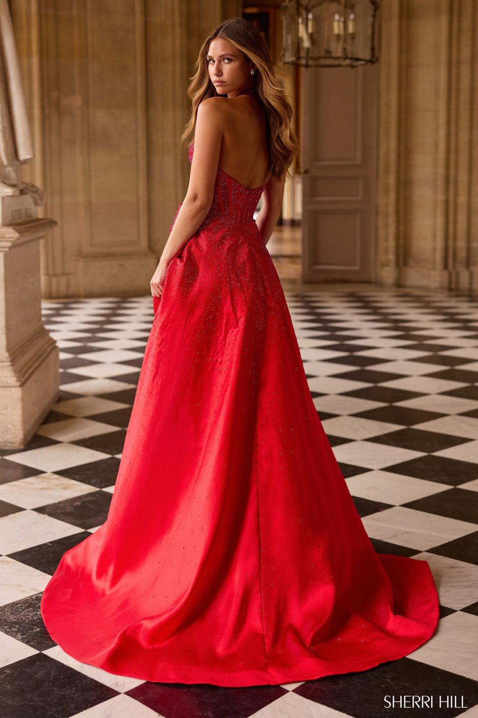 Sherri Hill Halter A-line Hot Stone Gown With Corset Bodice Skirt Slit And A Bow