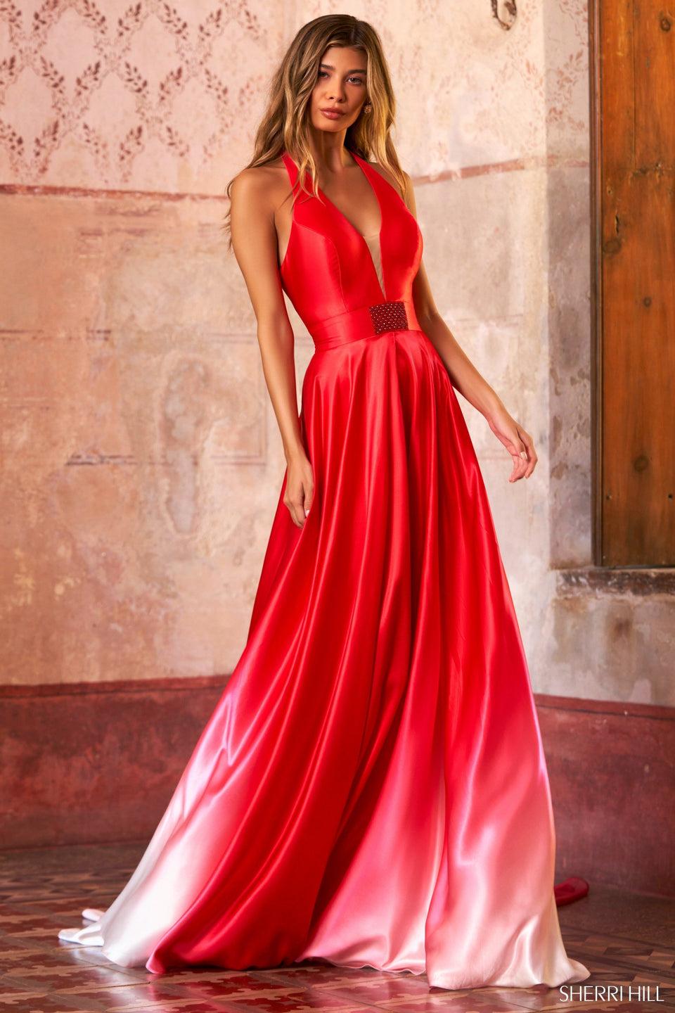 sherri hill Halter A-Line satin charmeuse gown with beaded waistband and ombre skirt