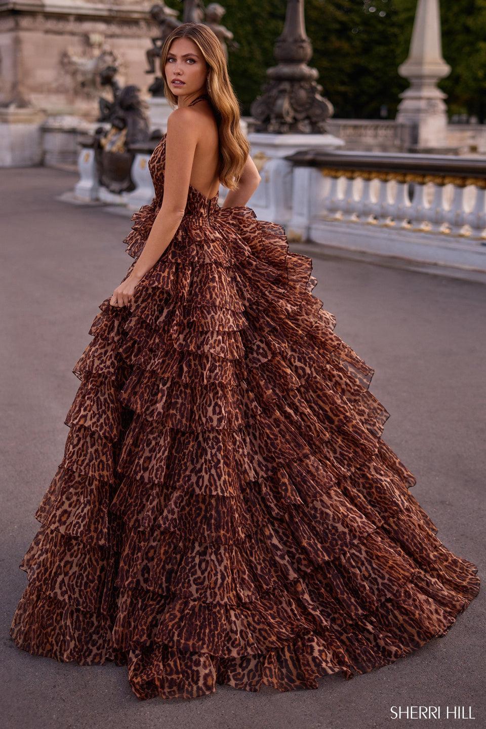 Sherri Hill Halter Cheetah Print Gown With Plunging Deep V Neckline Ruffle Skirt And Slit