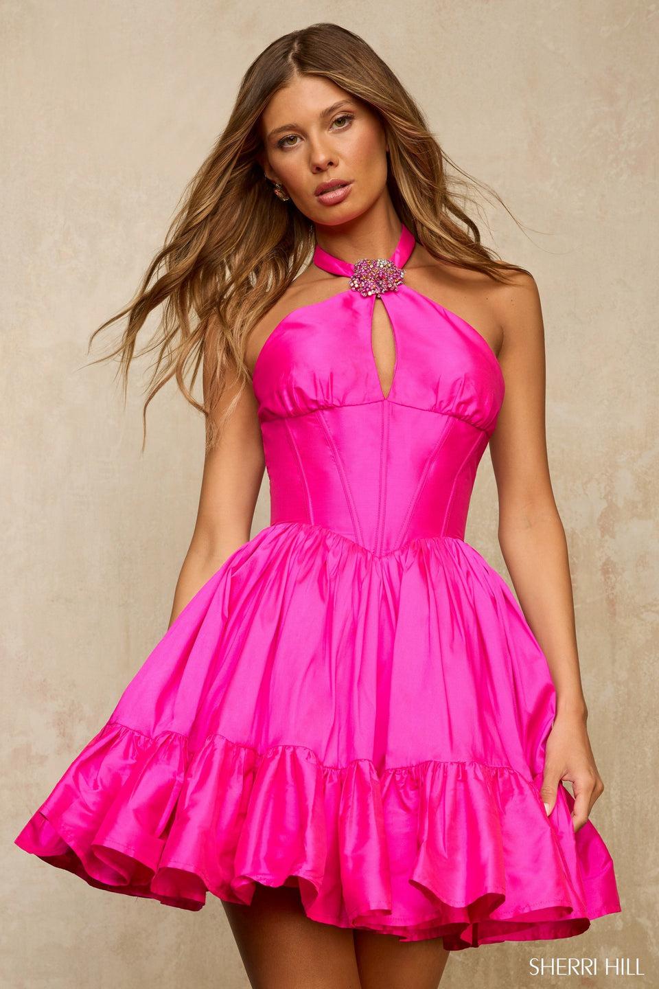 sherri hill Halter cocktail dress with corset bodice keyhole and beaded rosette embellishment