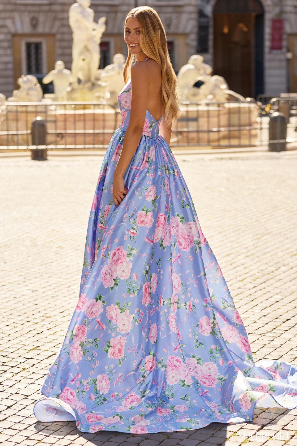 Sherri Hill Halter Floral Print Gown With Plunging Deep V Neckline And A Skirt Slit