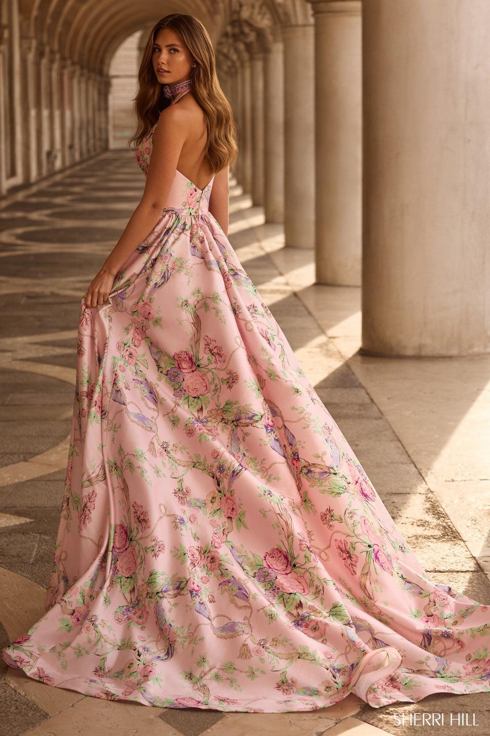 Sherri Hill Halter Floral Print Gown With Plunging Deep V Neckline And A Skirt Slit