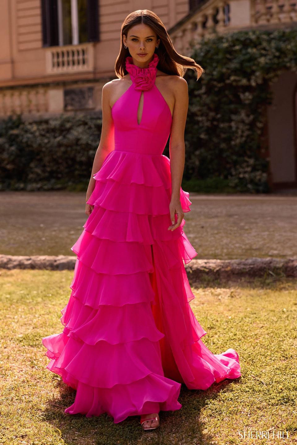 sherri hill Halter gown with cut out and ruffle chiffon skirt with slit