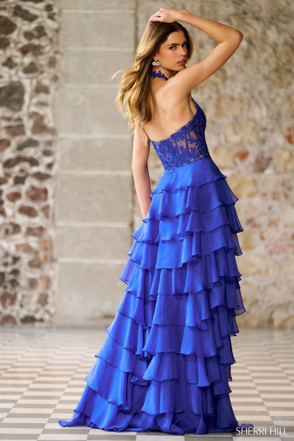 Sherri Hill Halter Gown With Leaf Lace Corset Bodice And A Ruffle Chiffon Skirt With Slit