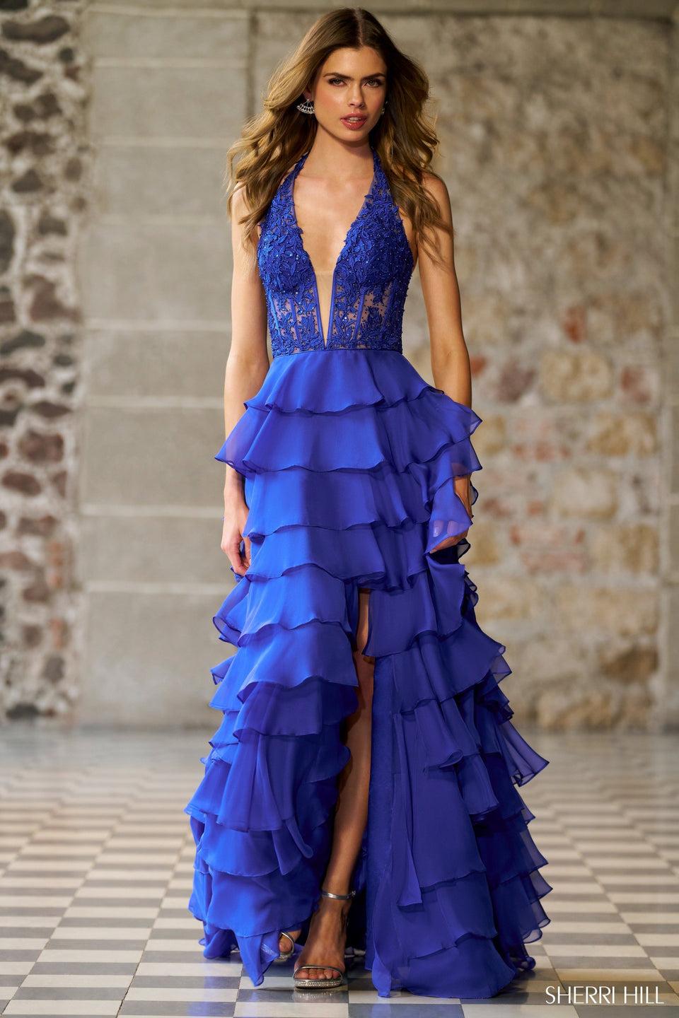 Sherri Hill Halter Gown With Leaf Lace Corset Bodice And A Ruffle Chiffon Skirt With Slit
