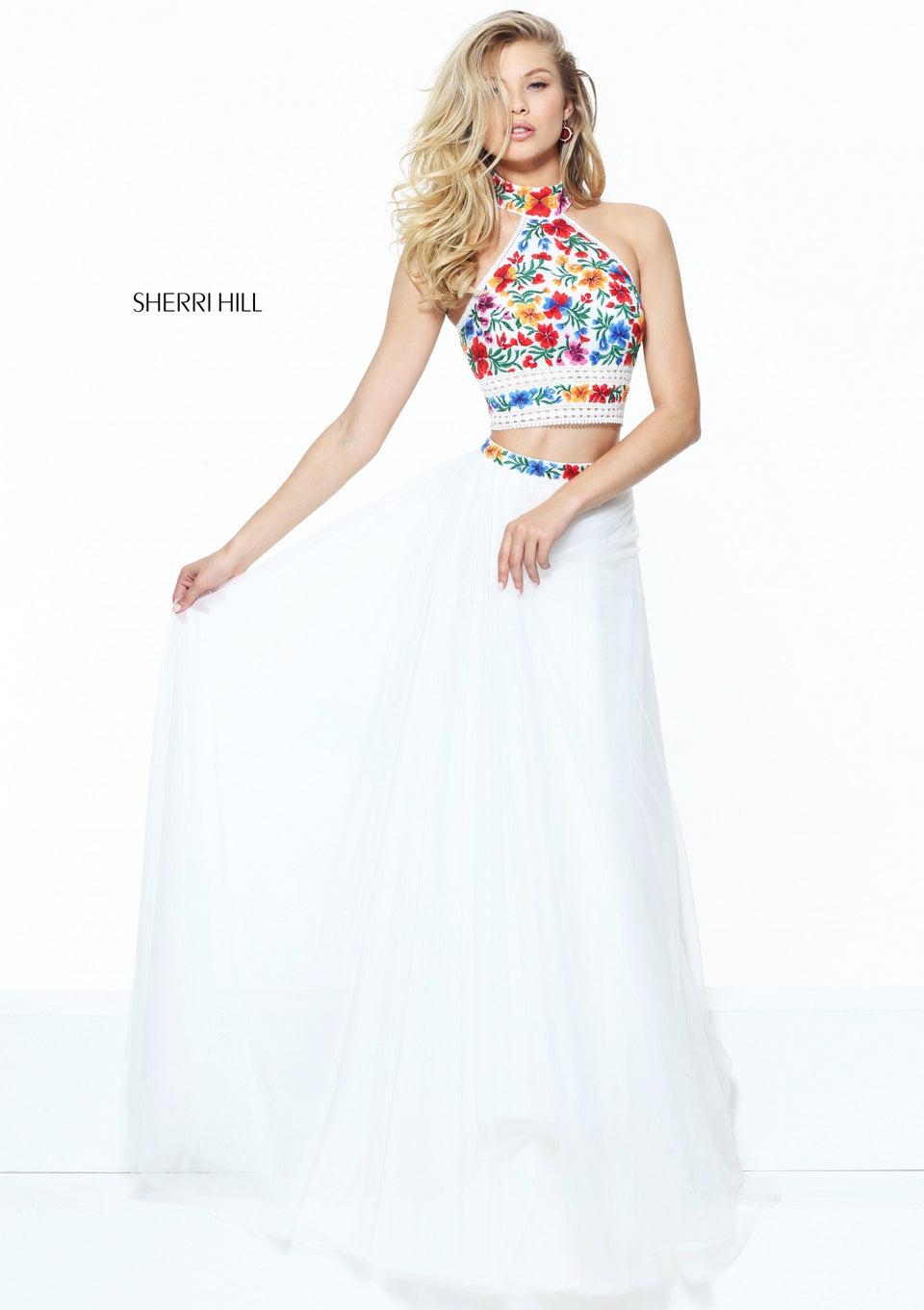 Sherri Hill Halter High Neck Floral Embroidered Bodice With Tulle Skirt