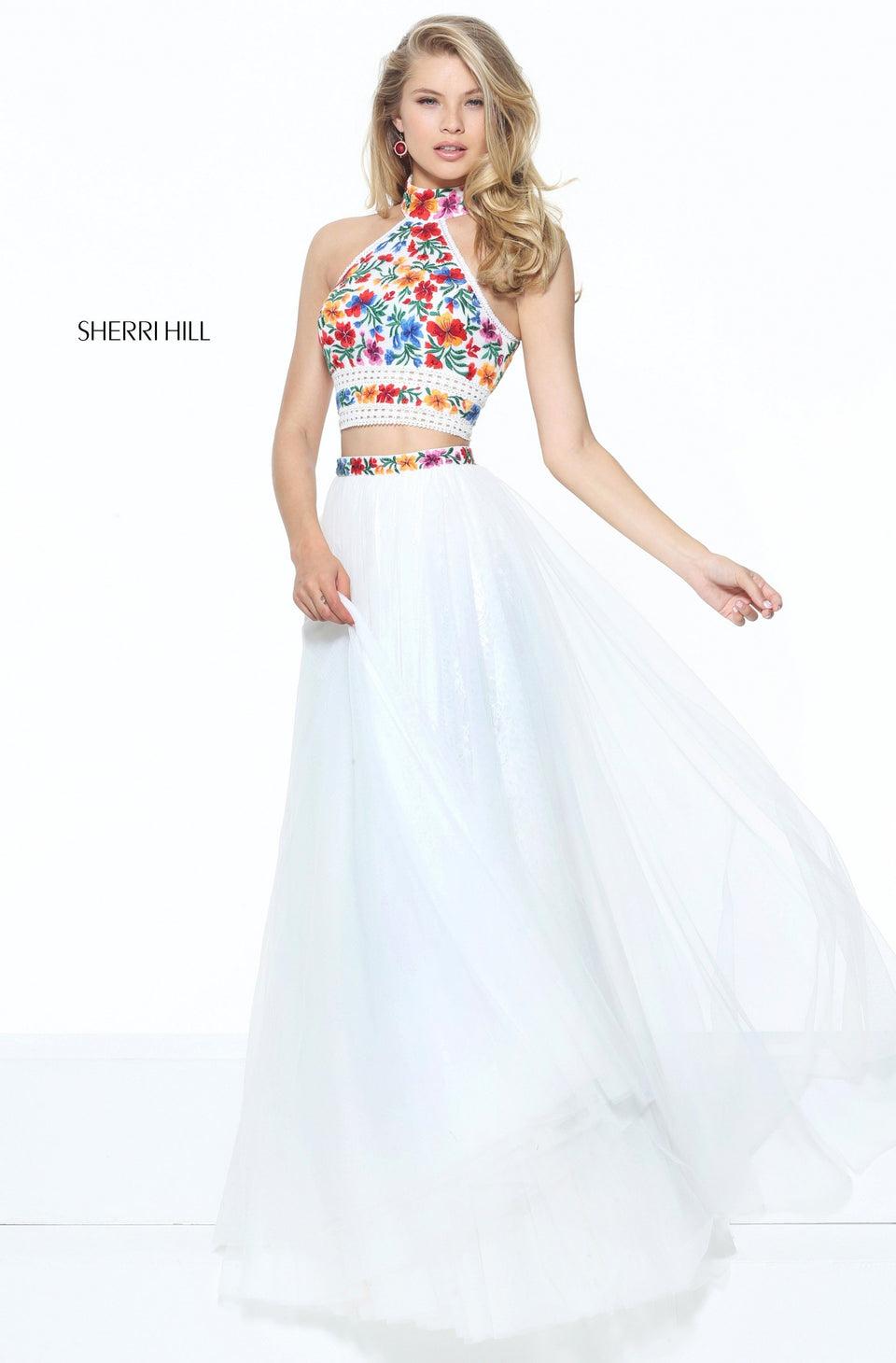 sherri hill Halter high neck floral embroidered bodice with tulle skirt