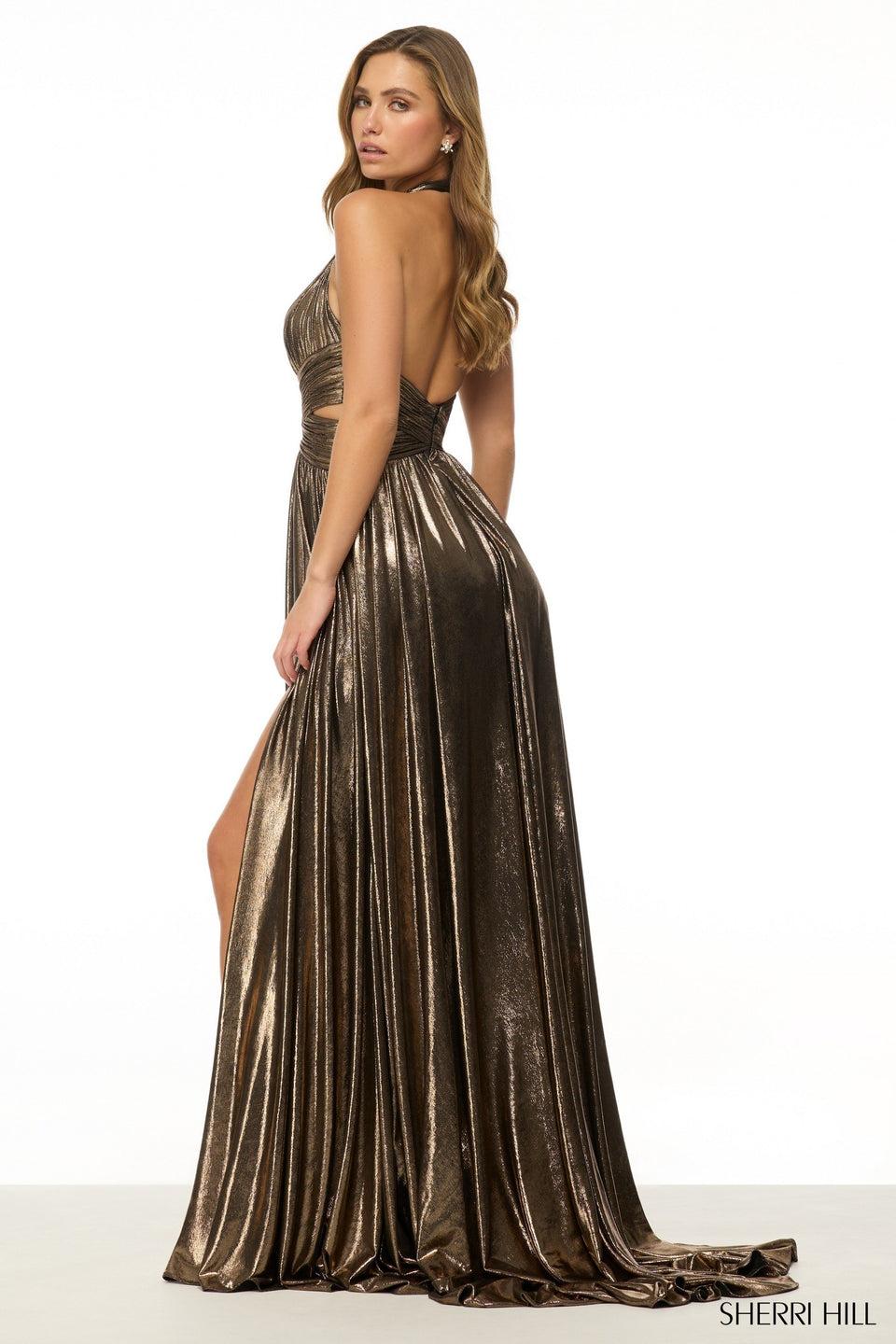 Sherri Hill Halter Metallic Gown With Deep V Neckline And A Skirt Slit