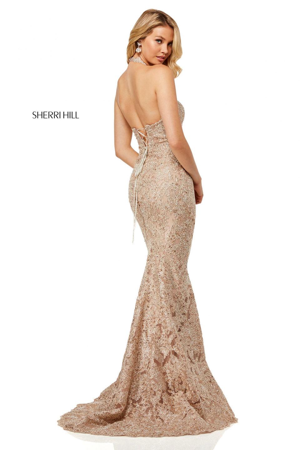 Sherri Hill Halter Neck Metallic Lace Mermaid With Corset Style Back