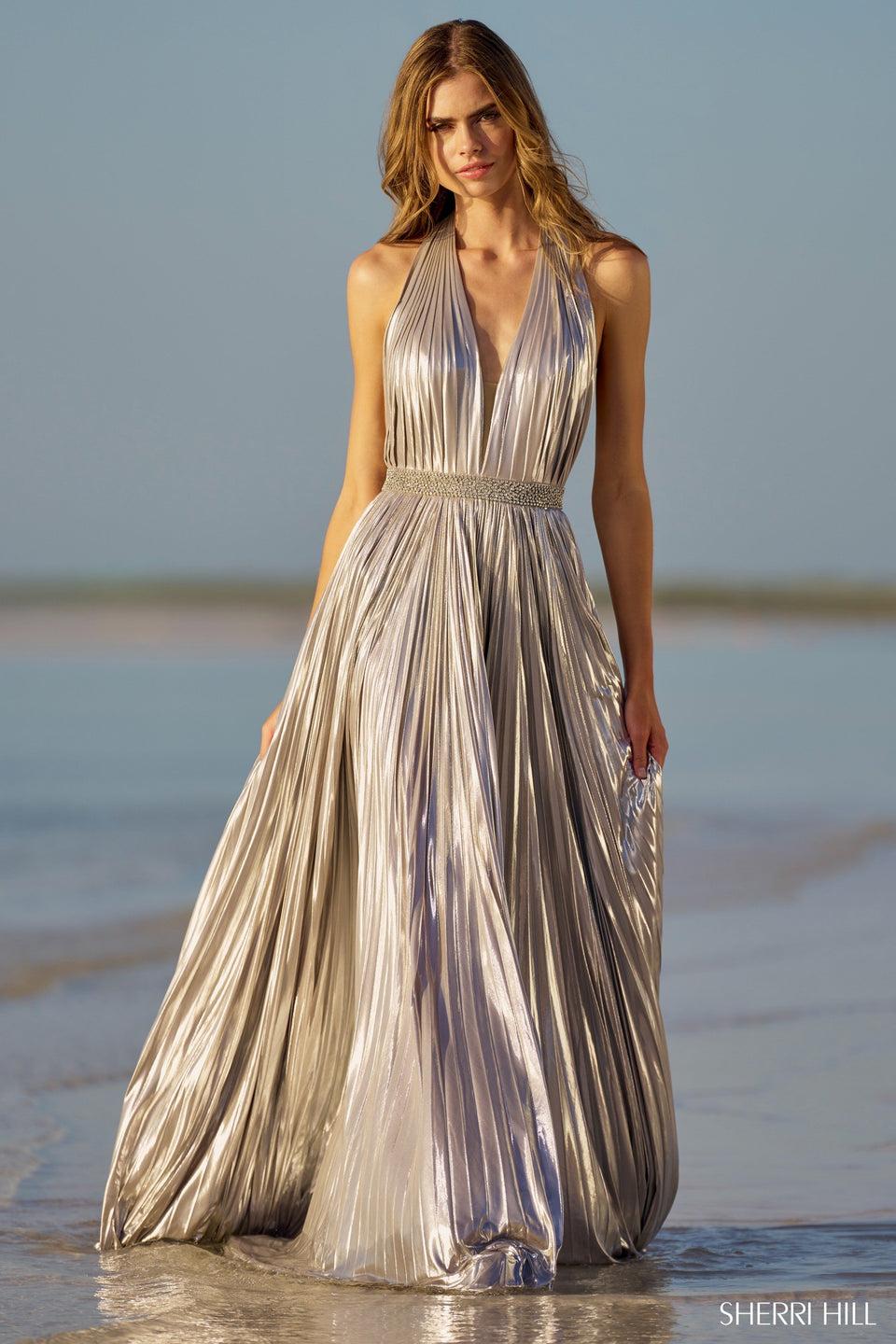 Sherri Hill Halter Pleated Metallic Gown With Deep V-Neckline And Beaded Waist