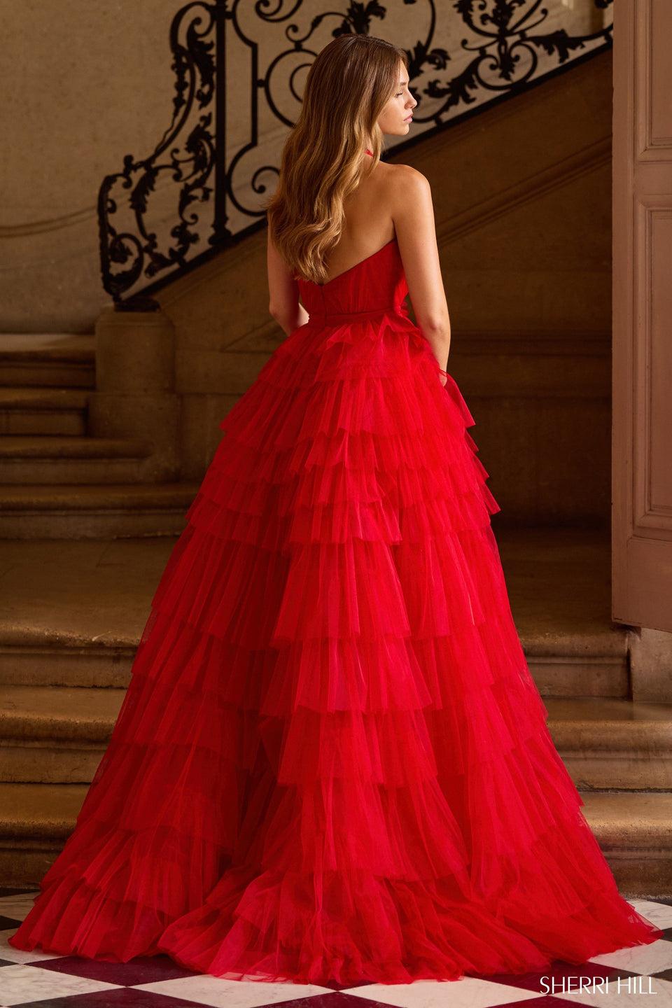 Sherri Hill Halter Tulle Gown With Deep V Neckline And A Tulle Ruffle Skirt With Slit