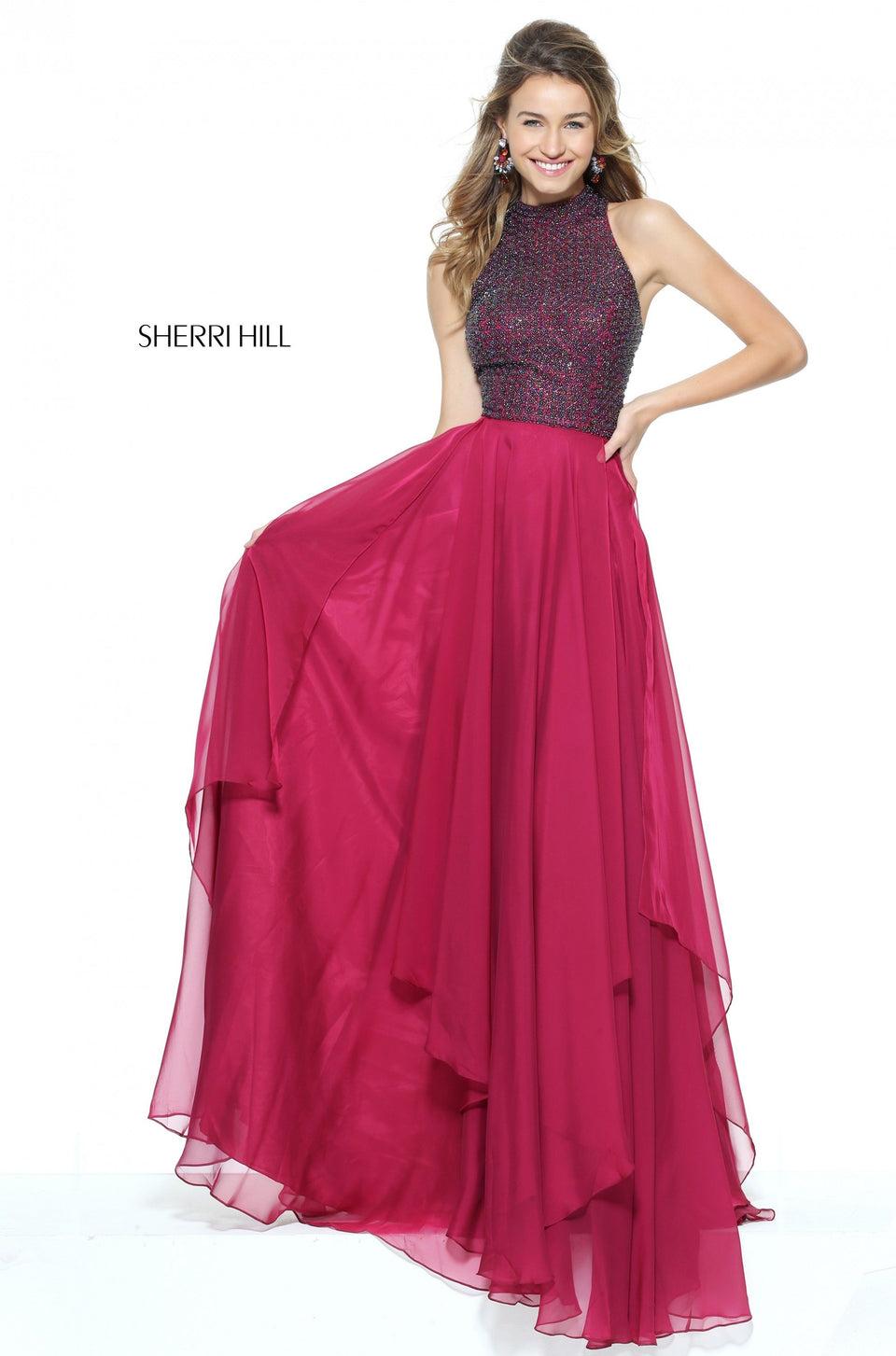 sherri hill High neck beaded bodice with a layered chiffon skirt