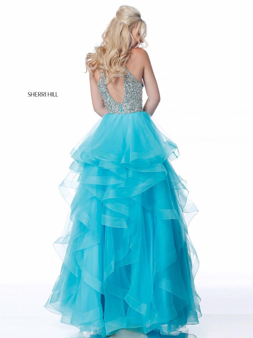 Sherri Hill High Neck Beaded Bodice With Keyhole Back And Ruffle Tulle Skirt