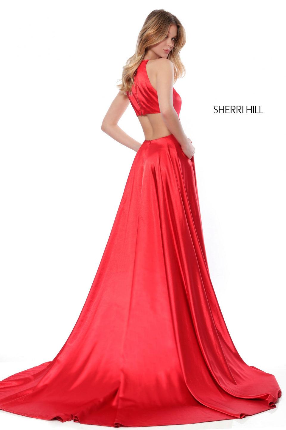 Sherri Hill High Neck Charmeuse Gown With A Side Slit And Back Cut Out