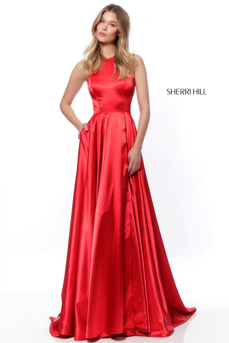 Sherri Hill High Neck Charmeuse Gown With A Side Slit And Back Cut Out