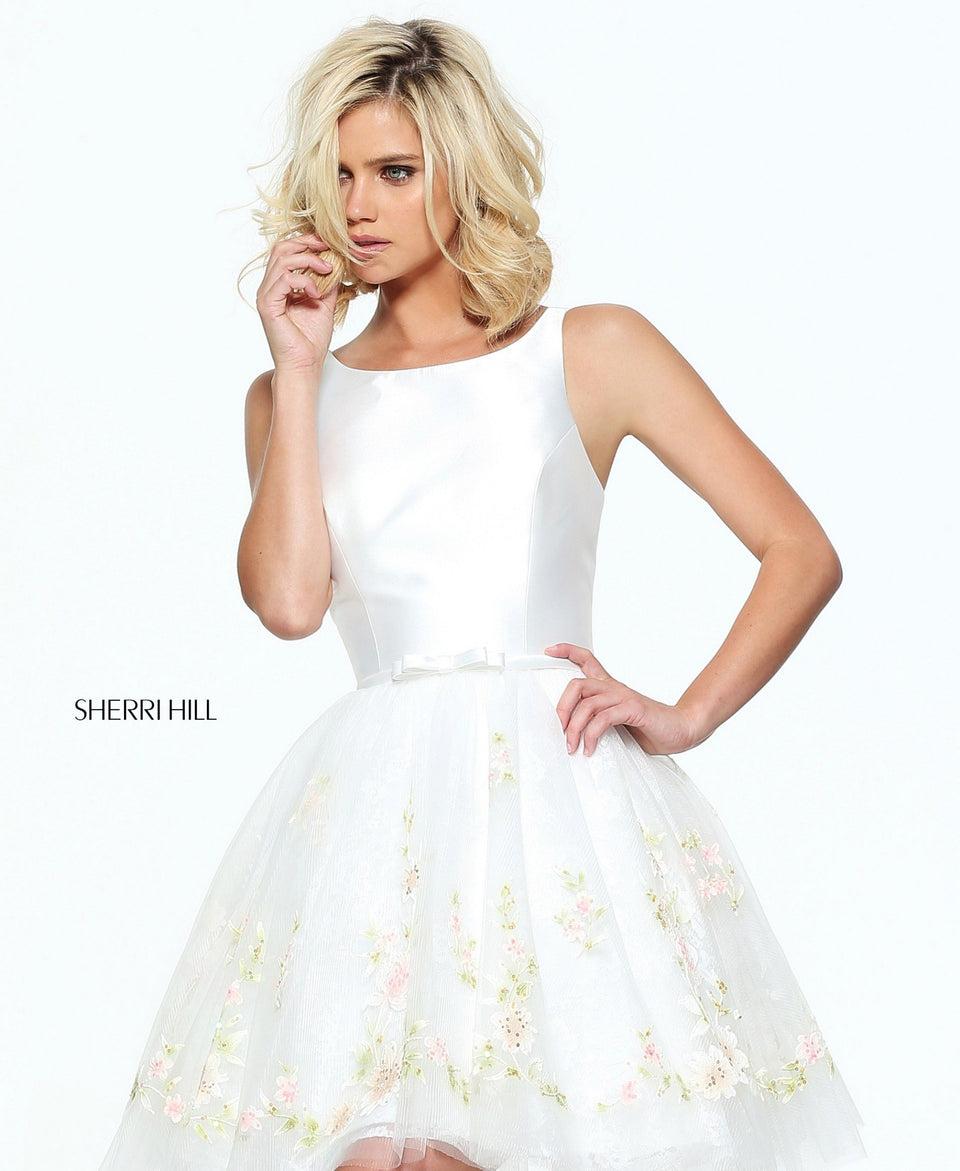 Sherri Hill High Neck Cocktail With A Floral Painted Tulle Skirt