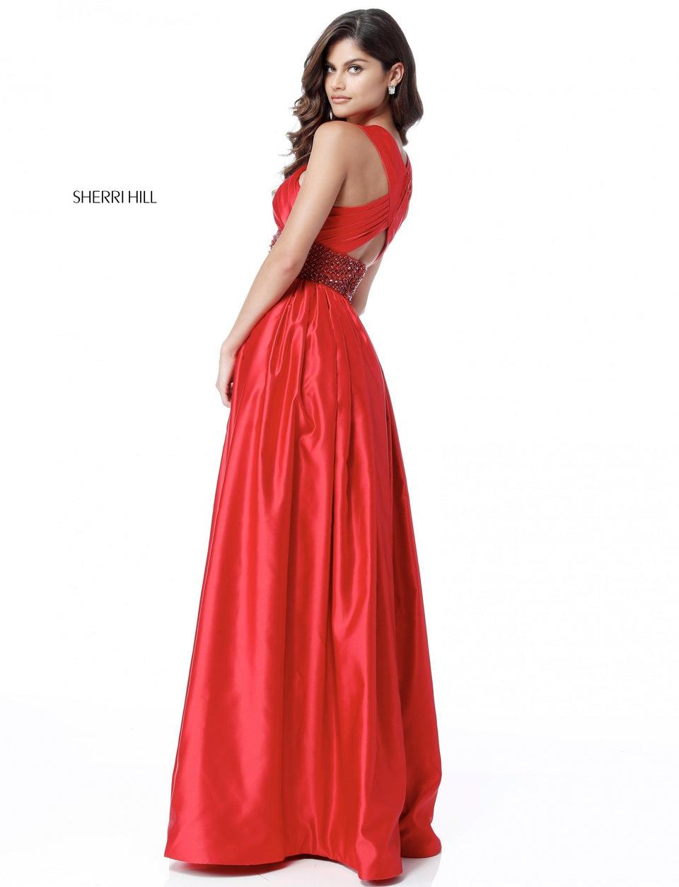 Sherri Hill High Neck Criss-cross Keyhole Bodice Ball Gown With Beaded Belt