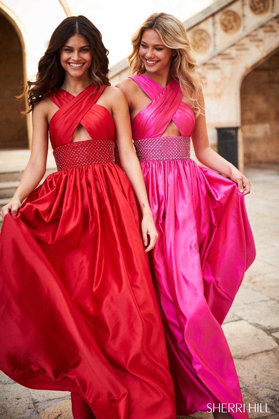 sherri hill High neck criss-cross keyhole bodice ball gown with beaded belt