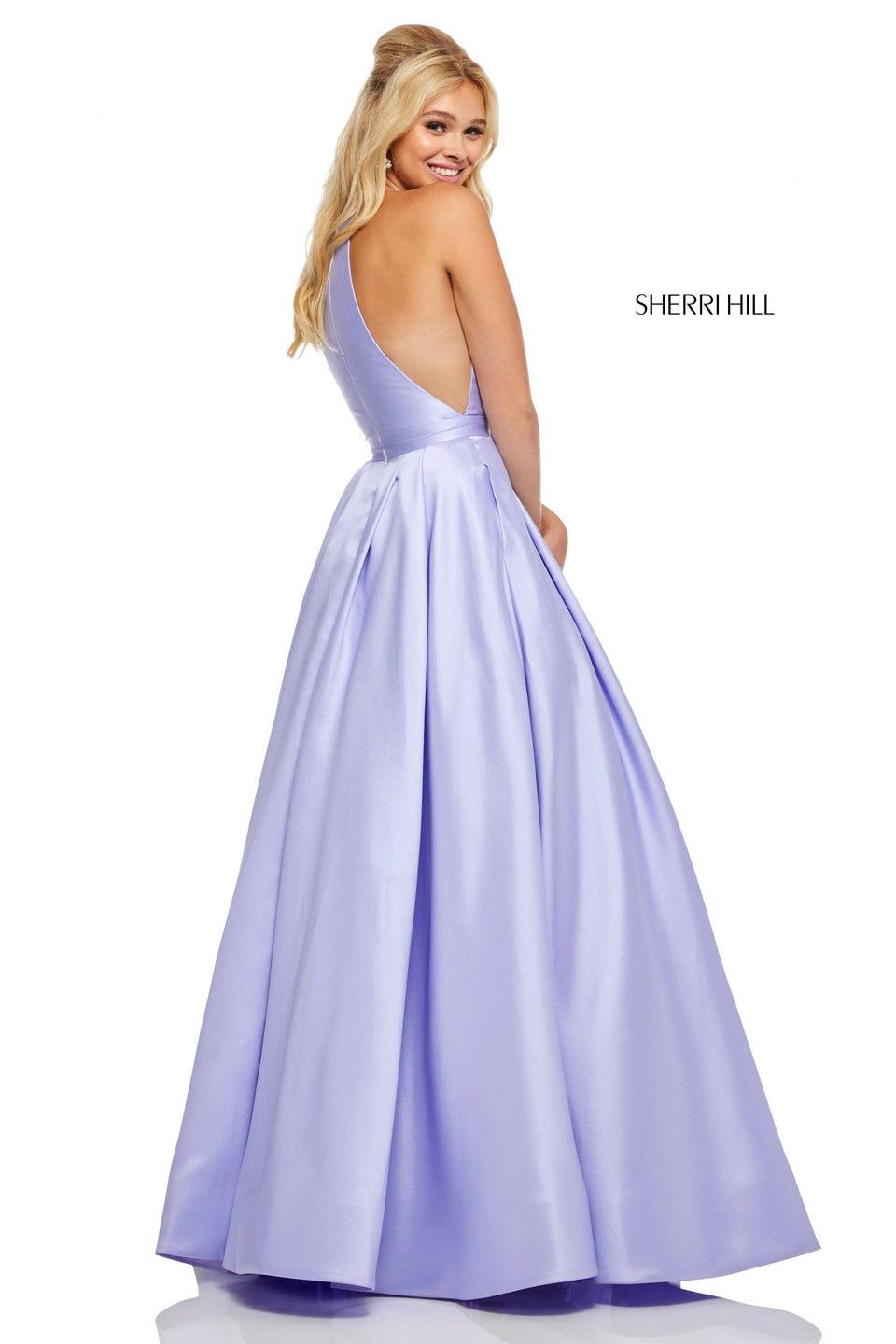 Sherri Hill High Neck Mikado A-line With Plunging Front Slit In Bodice And Skirt Pockets