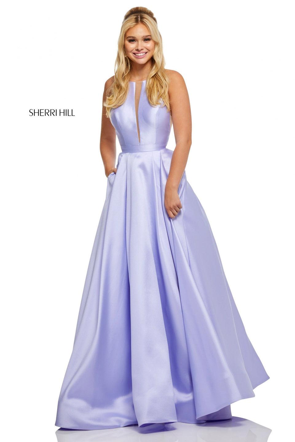 Sherri Hill High Neck Mikado A-line With Plunging Front Slit In Bodice And Skirt Pockets