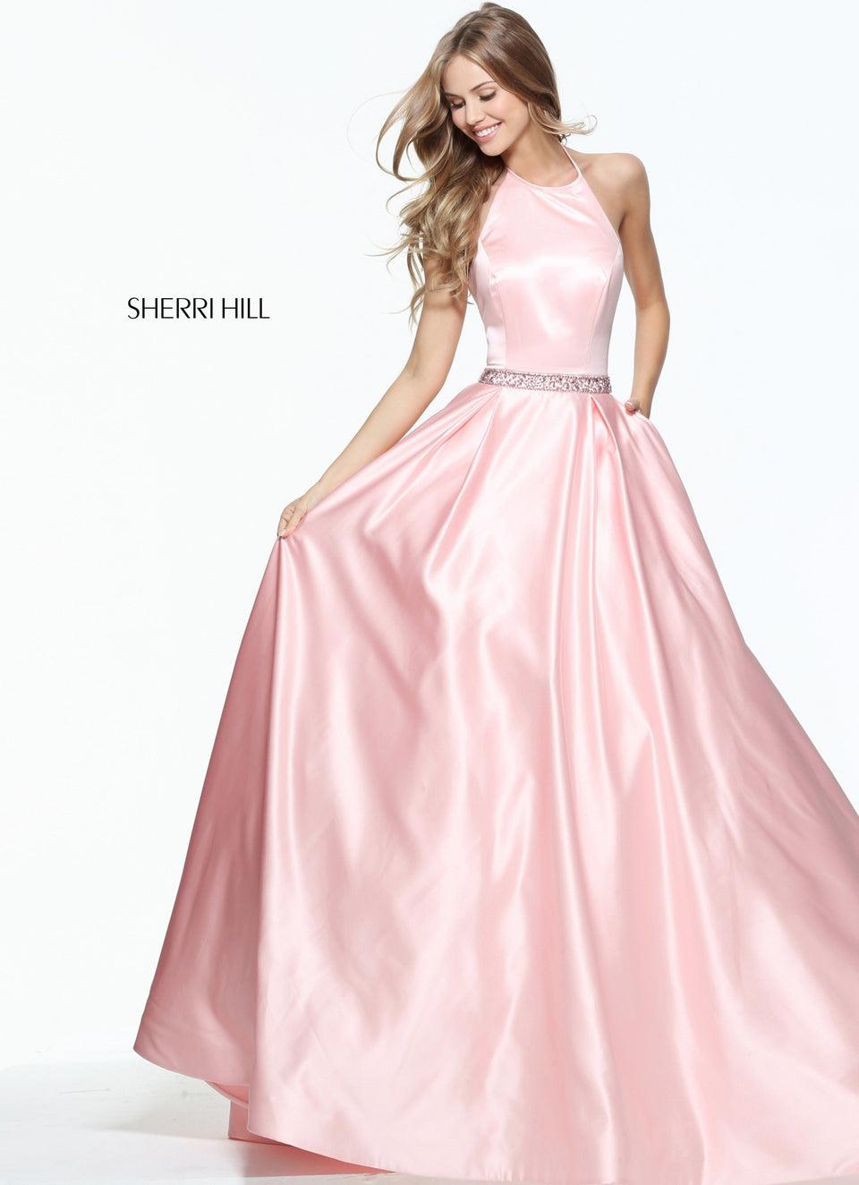 sherri hill High neck satin ball gown with a beaded waist band