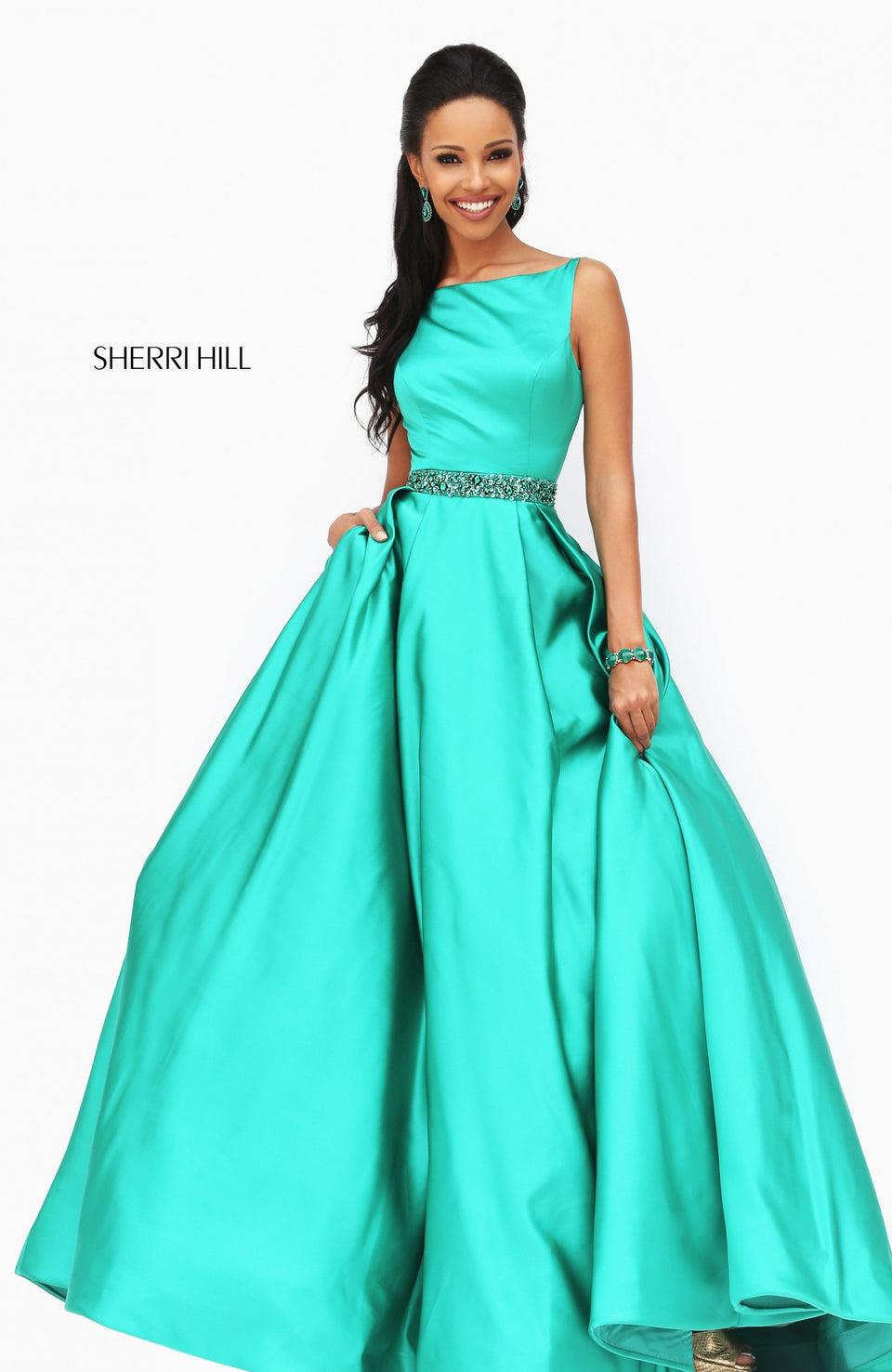 Sherri Hill High Neck Satin Ballgown With Beaded Belt