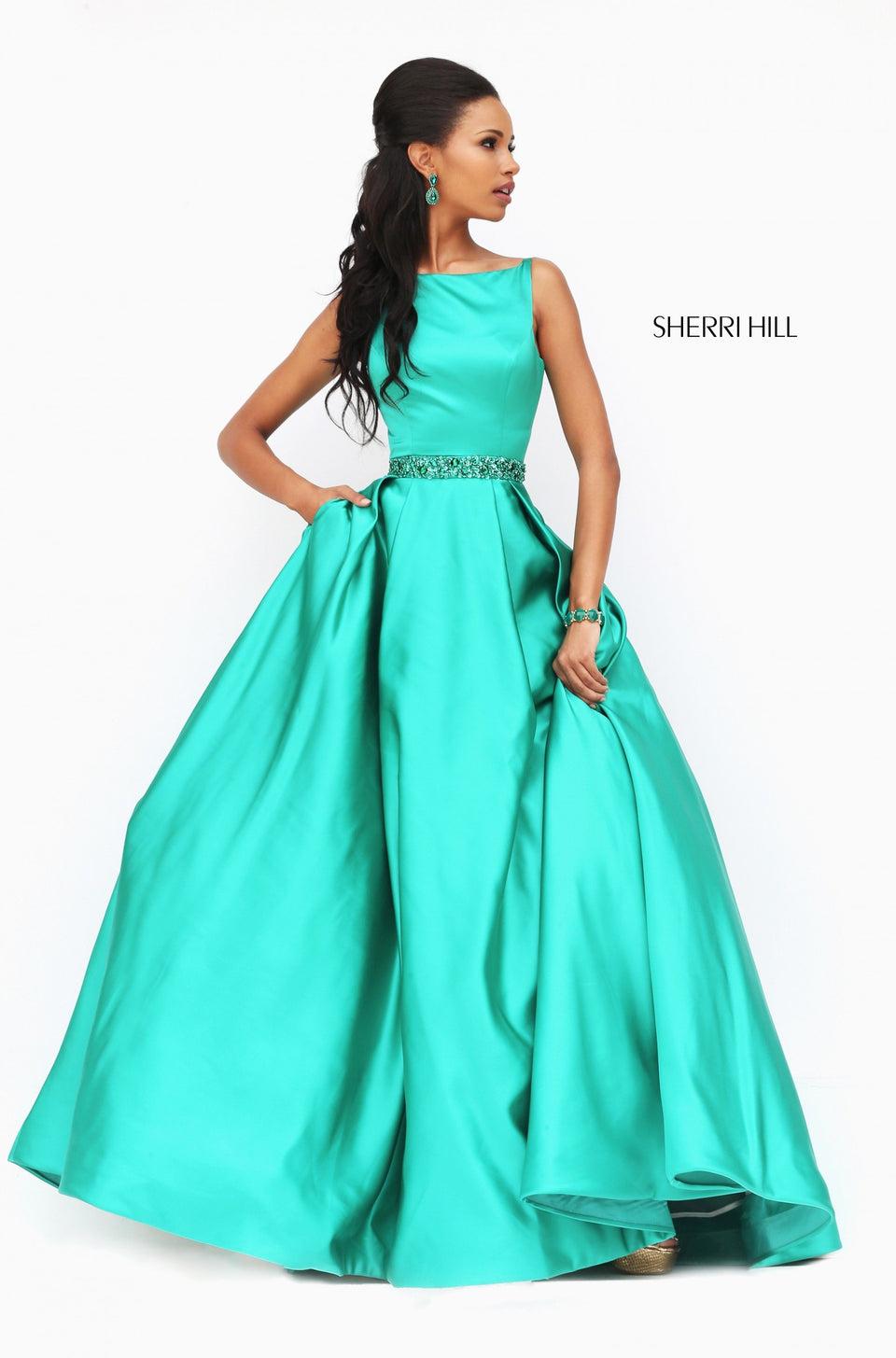 Sherri Hill High Neck Satin Ballgown With Beaded Belt