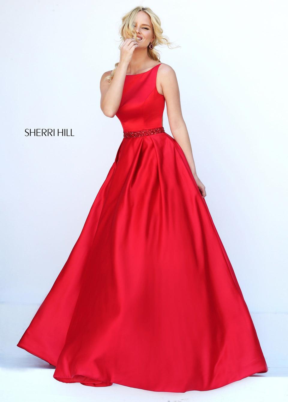sherri hill High neck satin ballgown with beaded belt