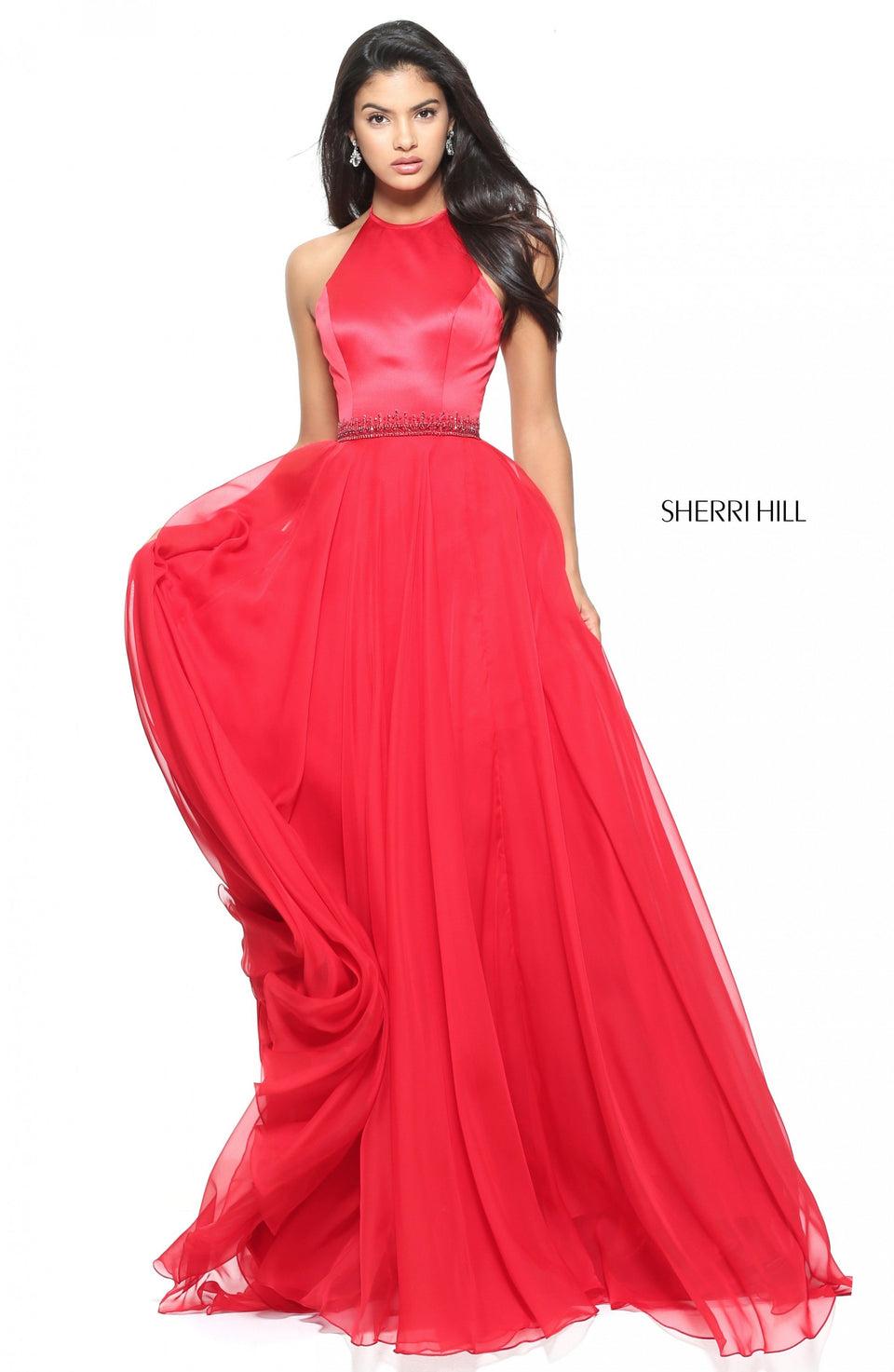 sherri hill High neck satin bodice with a chiffon skirt