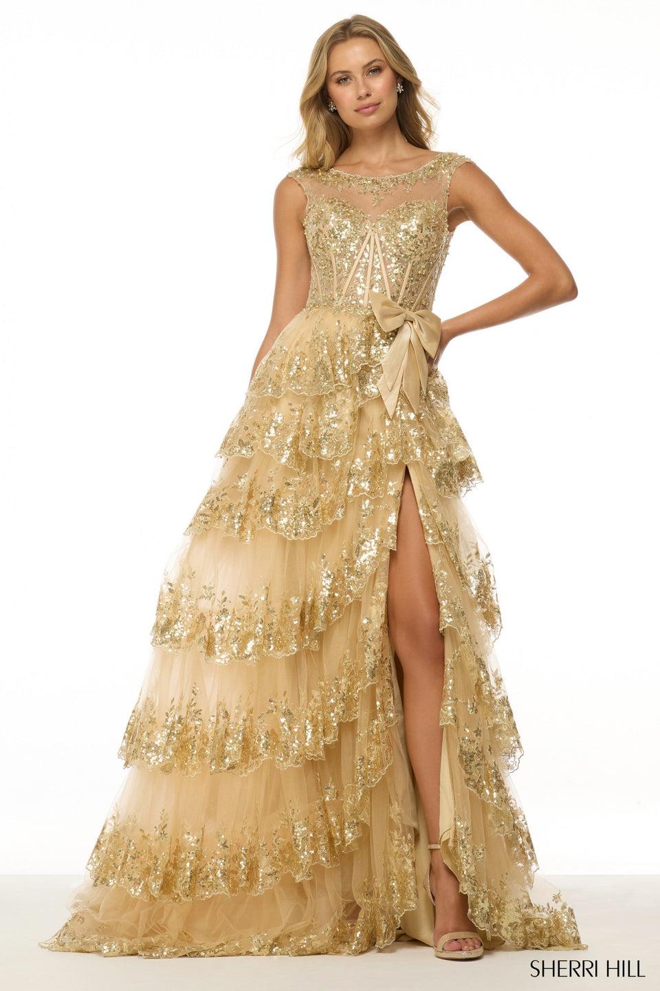 Sherri Hill High Neck Sequin Ballgown With Corset Bodice And Ruffle High Slit Skirt