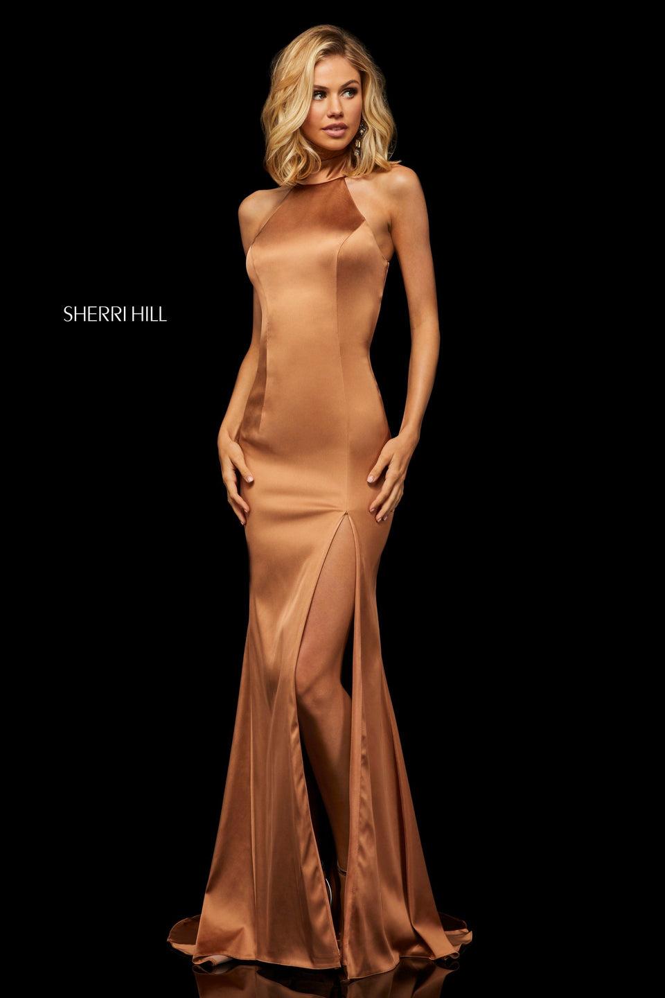 Sherri Hill High-neck Stretch Satin Gown With Skirt Slit Back Cut-out And Ruched Skirt Back