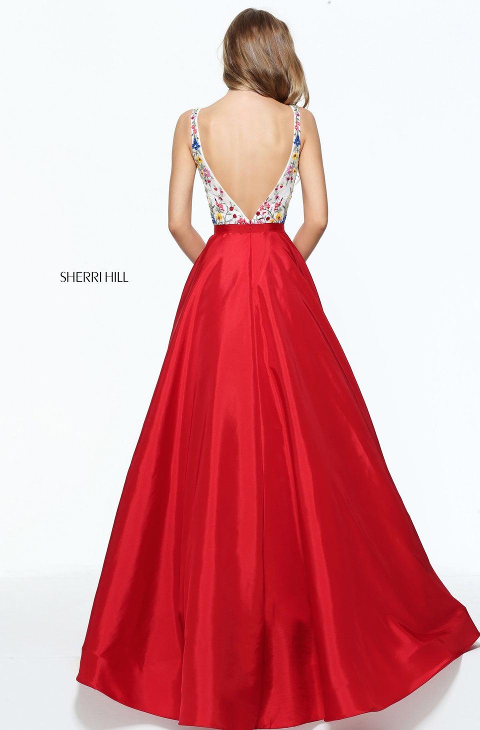 Sherri Hill High Neck Taffeta Ball Gown With An Embroidered Flower Bodice And A Low Back