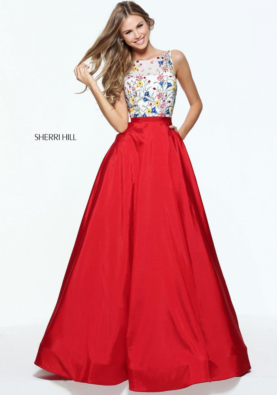sherri hill High neck taffeta ball gown with an embroidered flower bodice and a low back