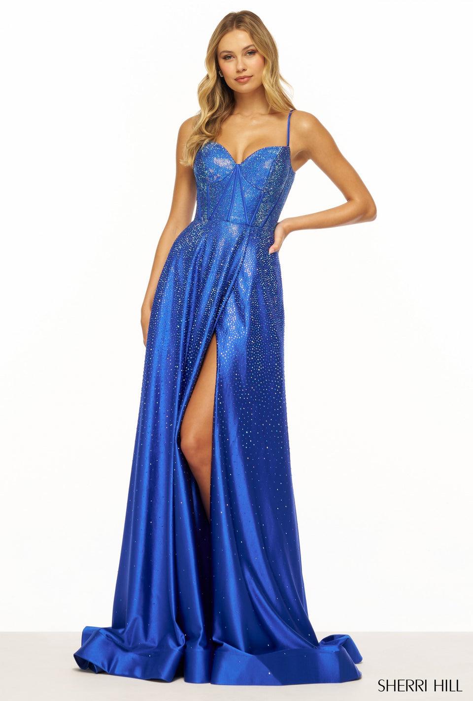 Sherri Hill Hot Fix A-line Gown With Corset Bodice Lace Up Back And Skirt Slit
