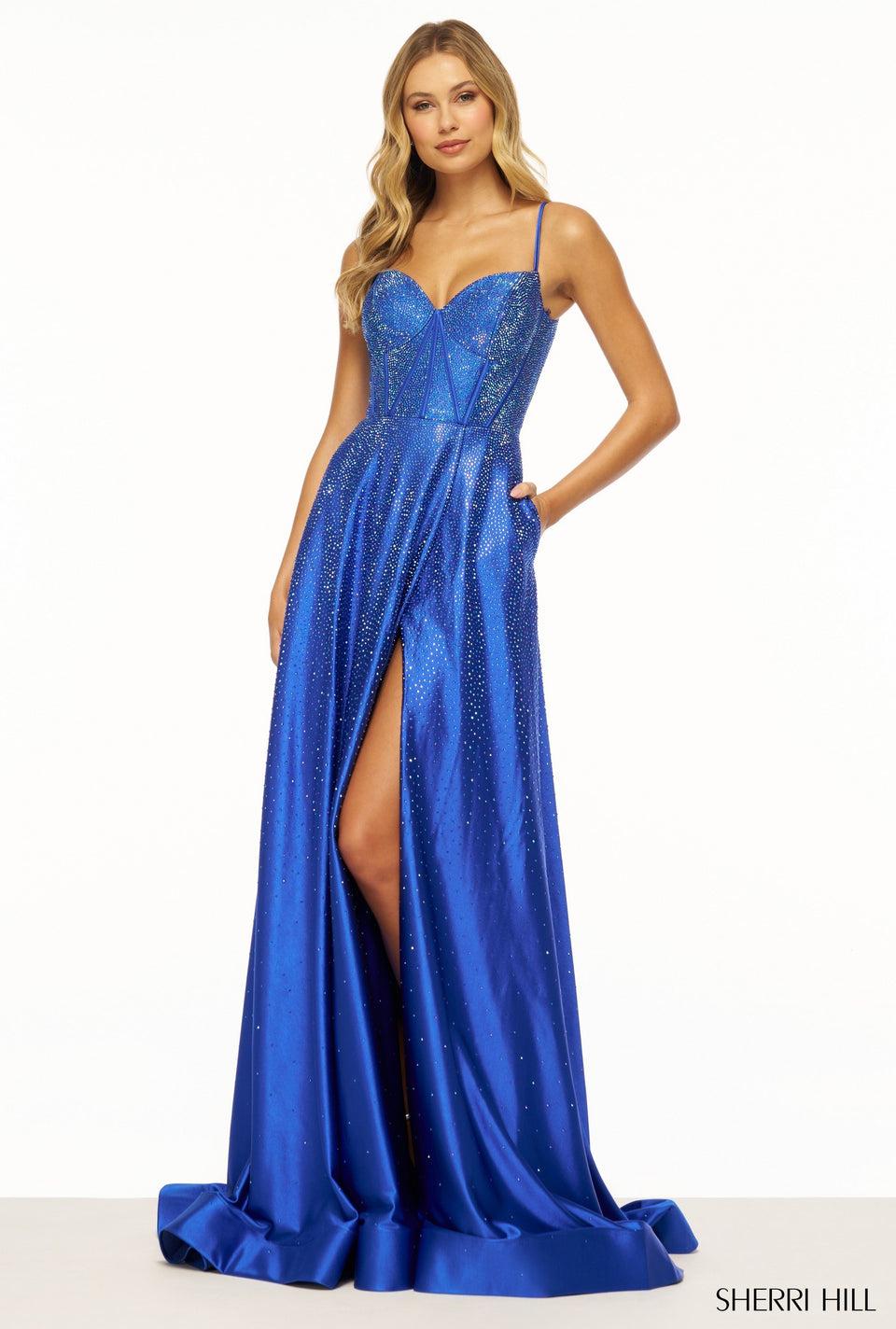 sherri hill Hot fix A-line gown with corset bodice lace up back and skirt slit