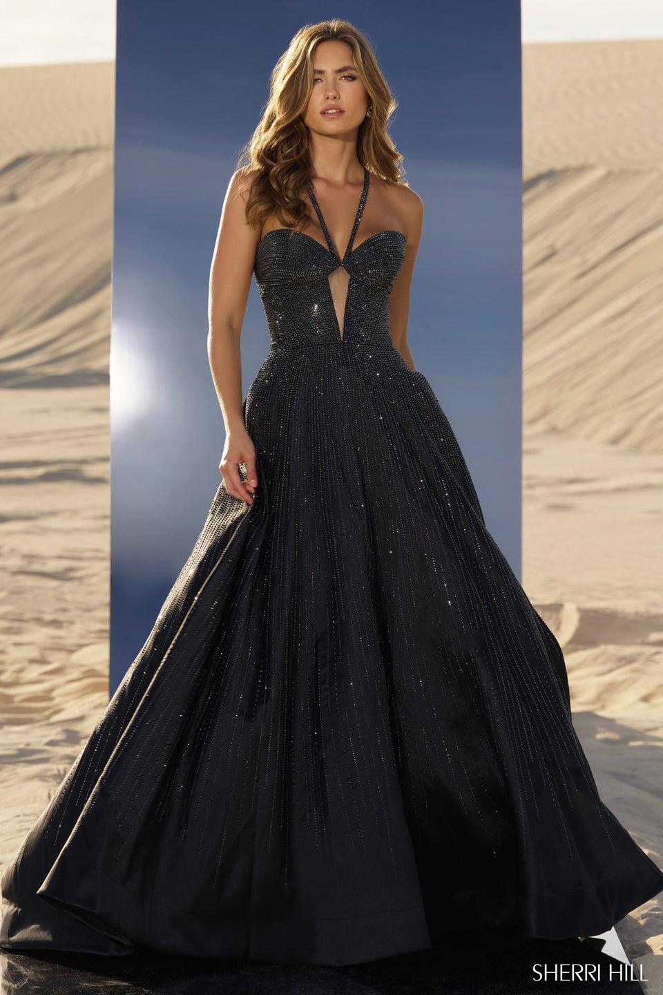 sherri hill Hot fix ball gown with sheer keyhole on bodice