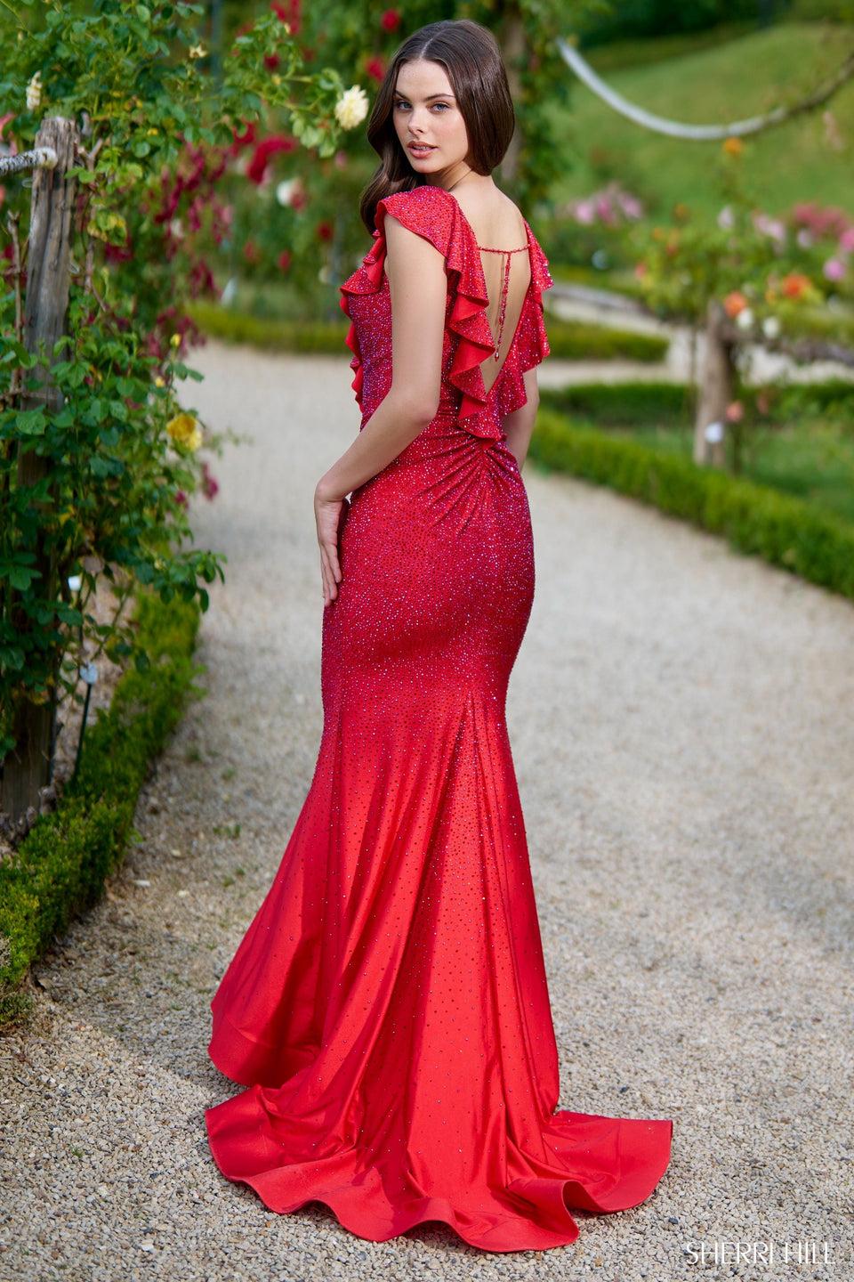 Sherri Hill Hot Fix Fitted Gown With Ruffle Embellished Bodice