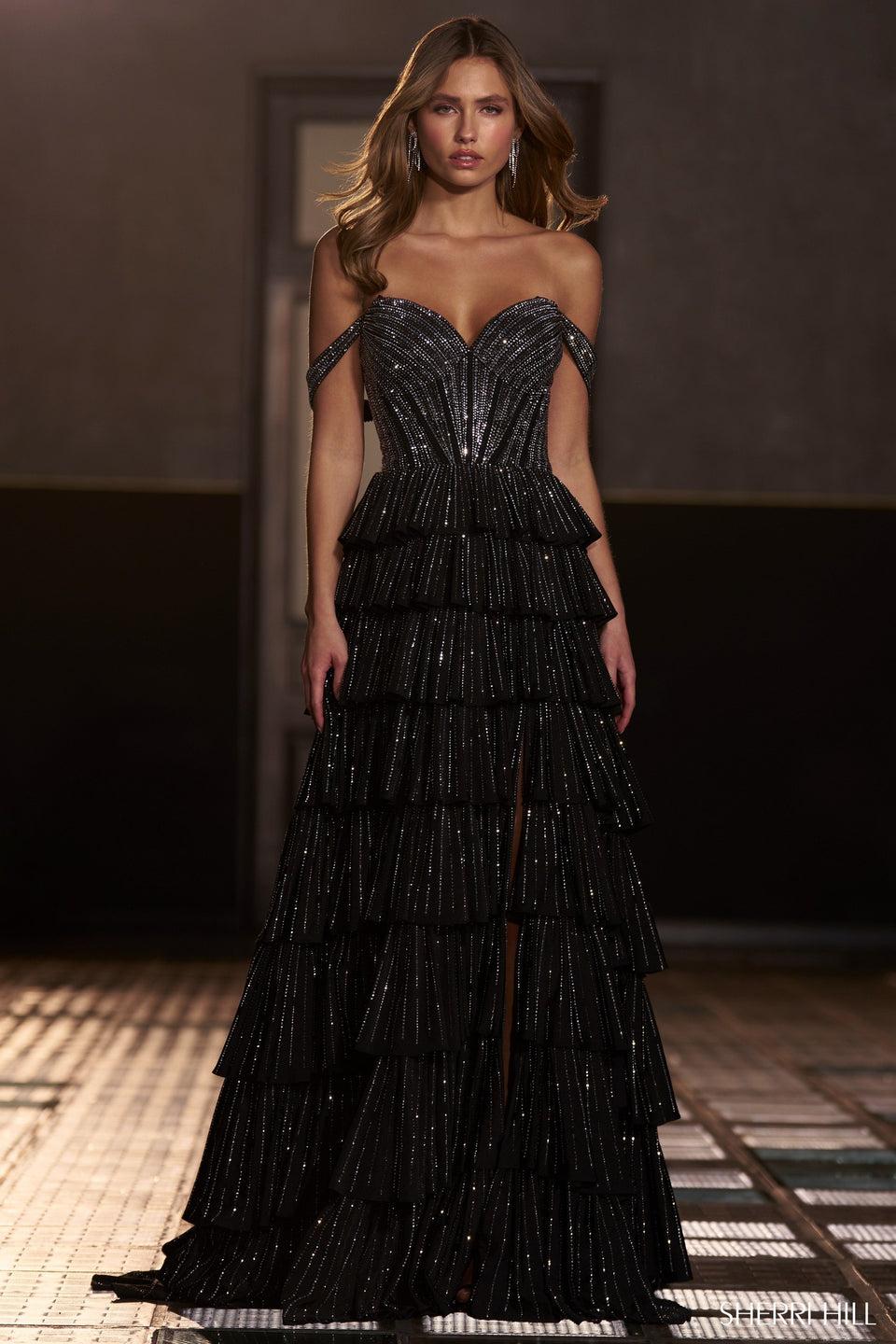 Sherri Hill Hot Fix Gown With Corset Bodice Off The Shoulder Straps Ruffle Skirt With Slit And A Lace Up Back