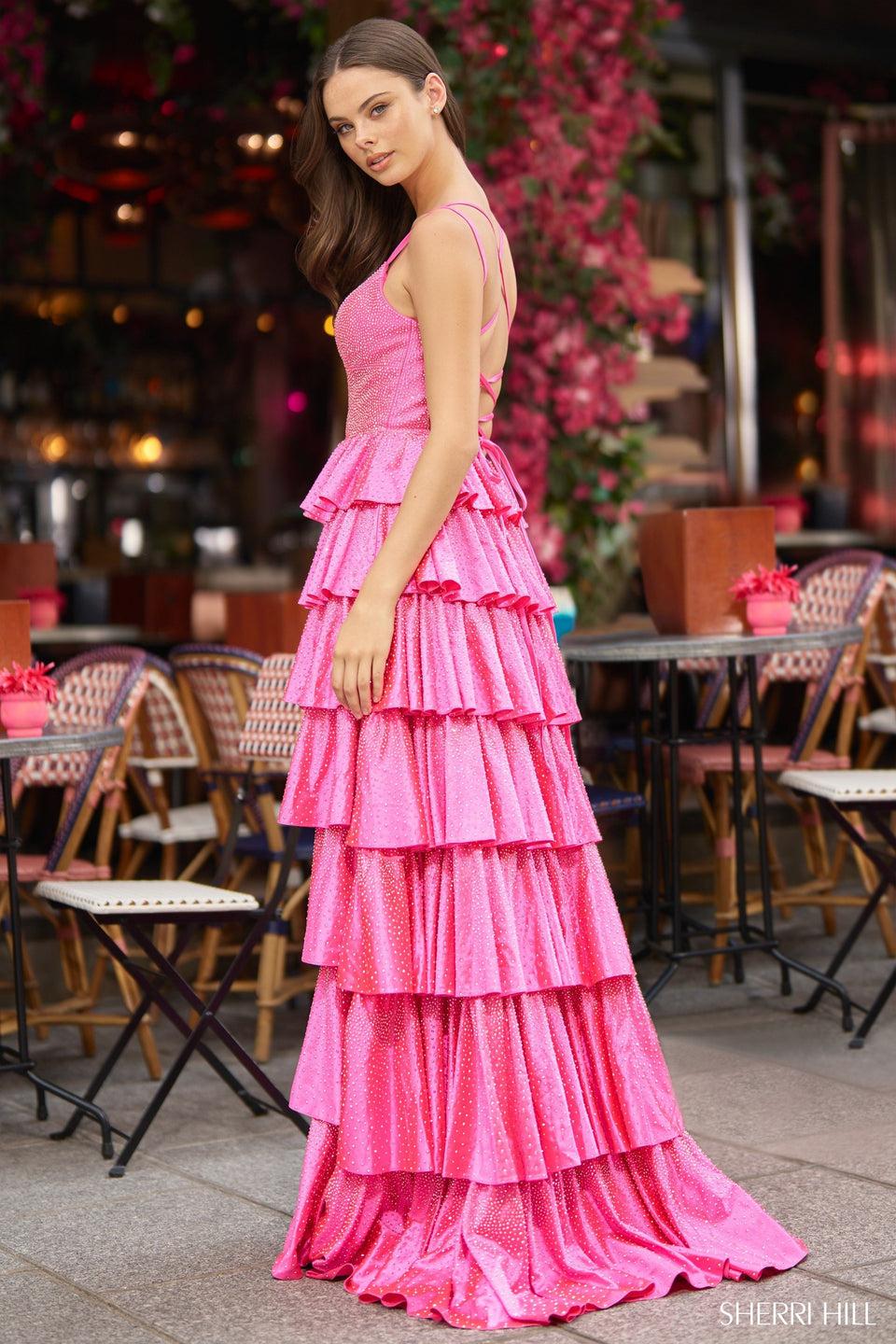 Sherri Hill Hot Fix Ruffle Gown With Corset Bodice A Lace Up Back And A Skirt Slit