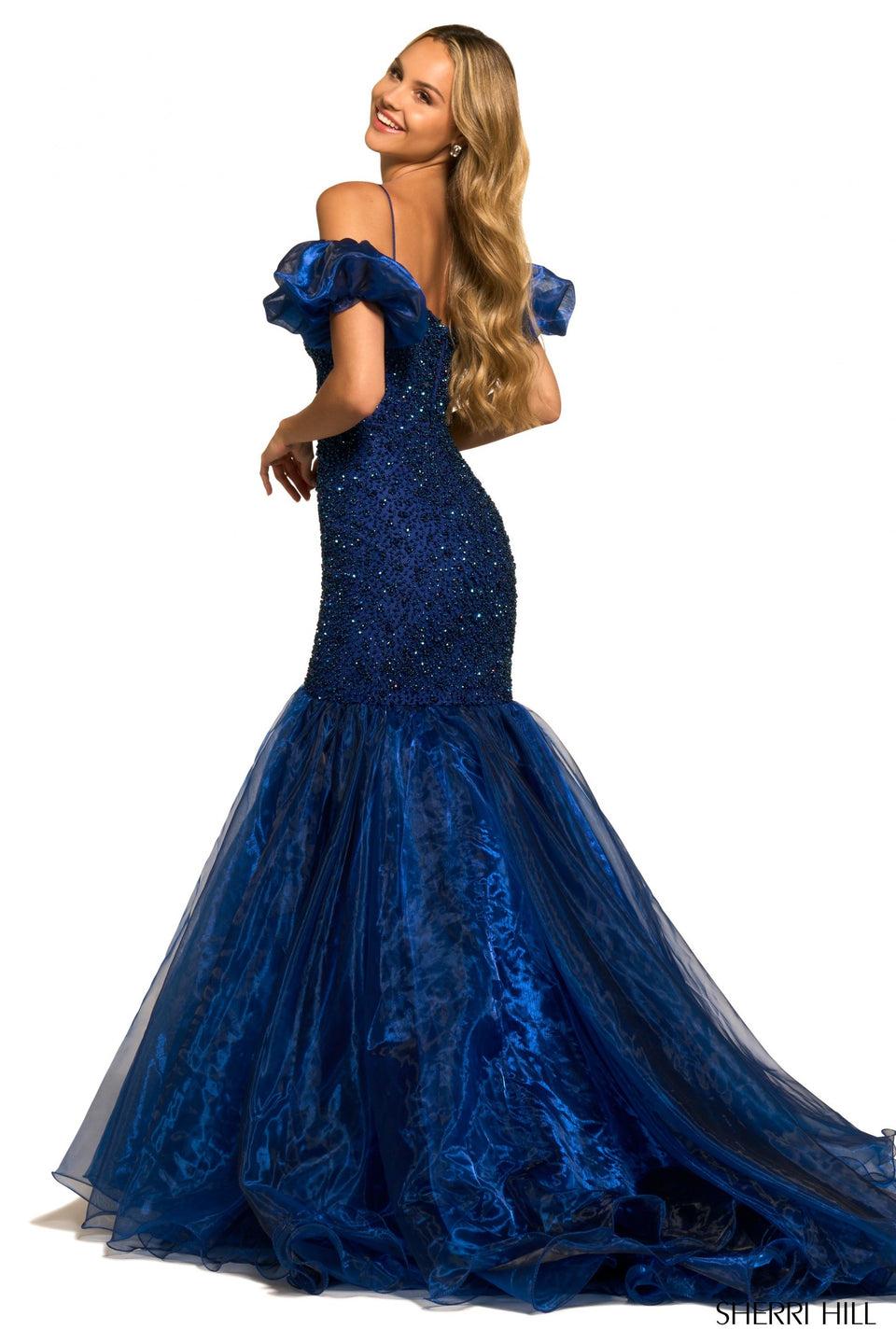 Sherri Hill Iridescent Beaded Mermaid Gown With Plunging Deep V Illusion Neckline Organza Skirt And Puffy Sleeves