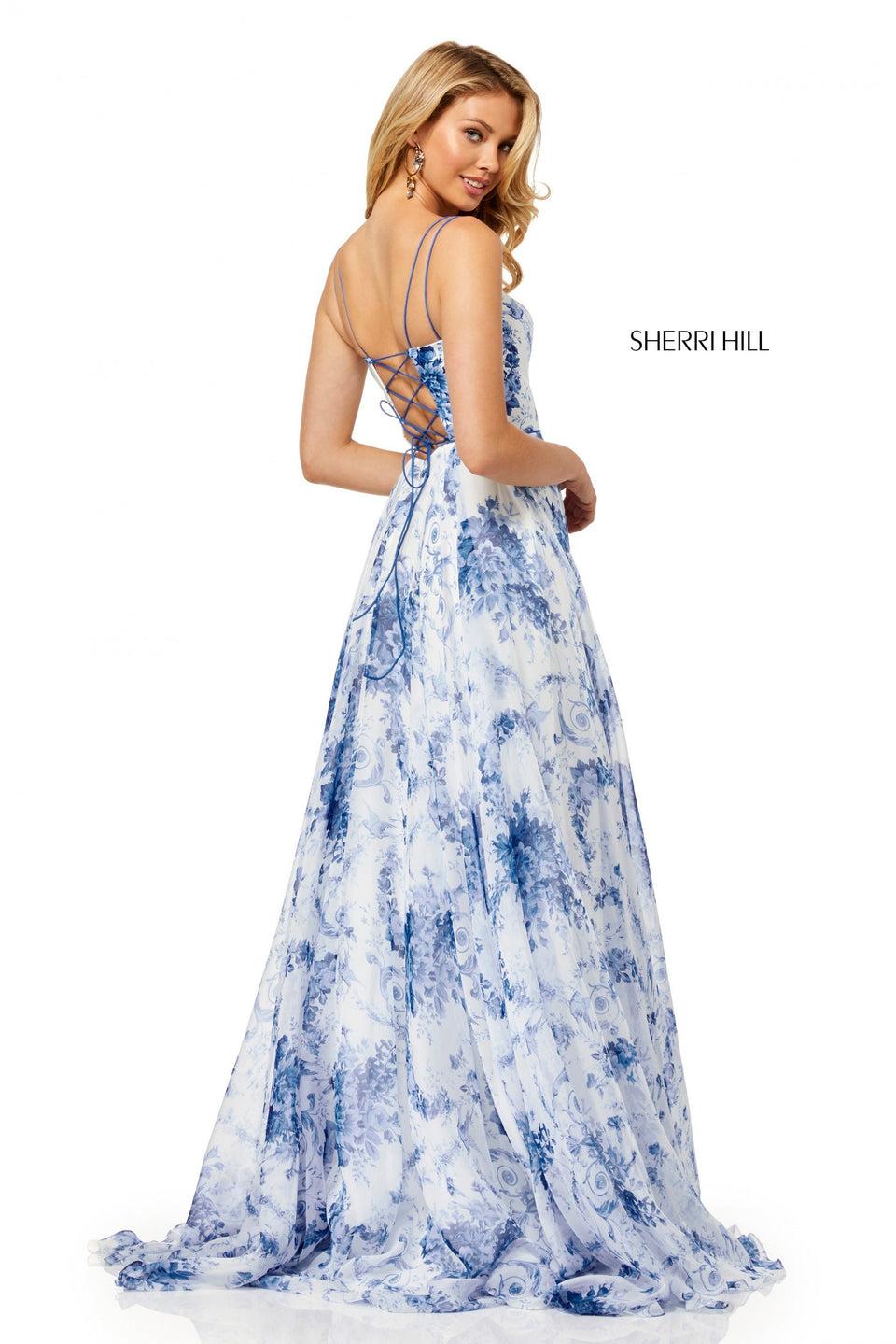Sherri Hill Ivory Blue Print A-line Gown With Chiffon Skirt And Taffeta Bodice With Lace Up Back