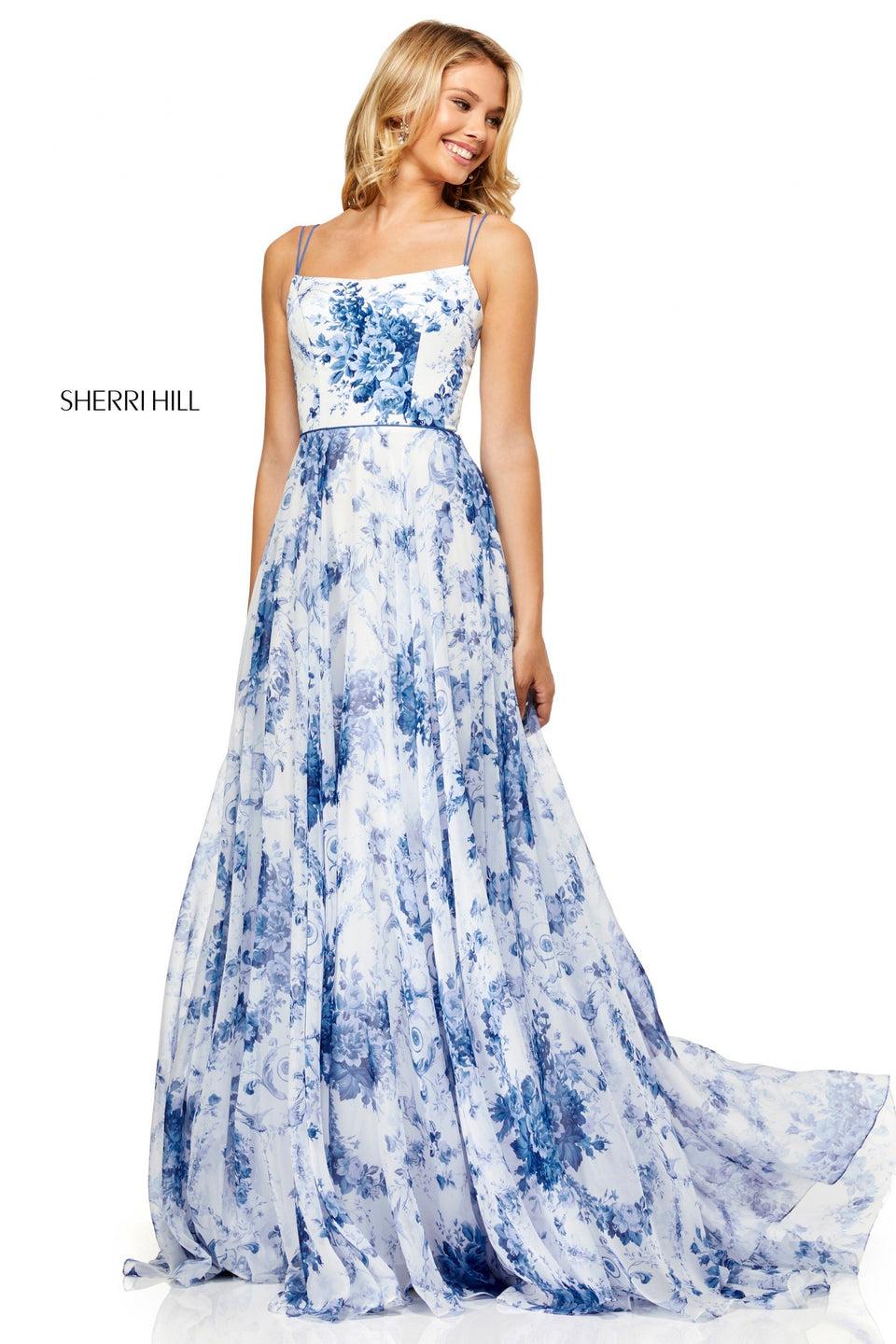 sherri hill Ivory blue print A-line gown with chiffon skirt and taffeta bodice with lace up back
