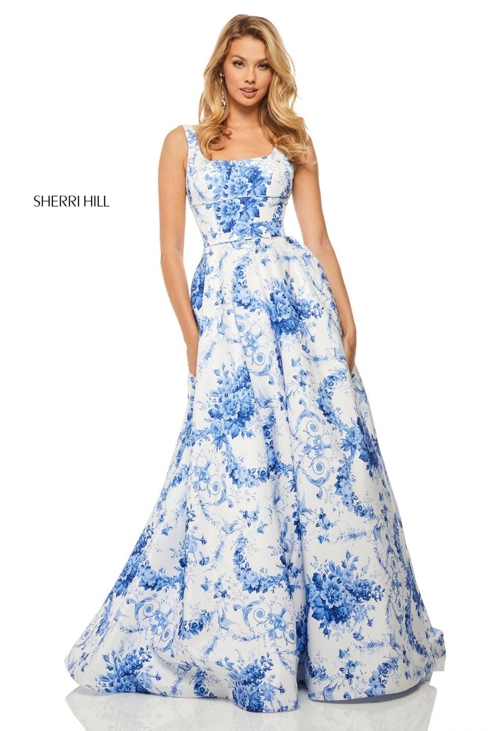Sherri Hill Ivory Blue Print Taffeta Ball Gown With A Scoop Neckline