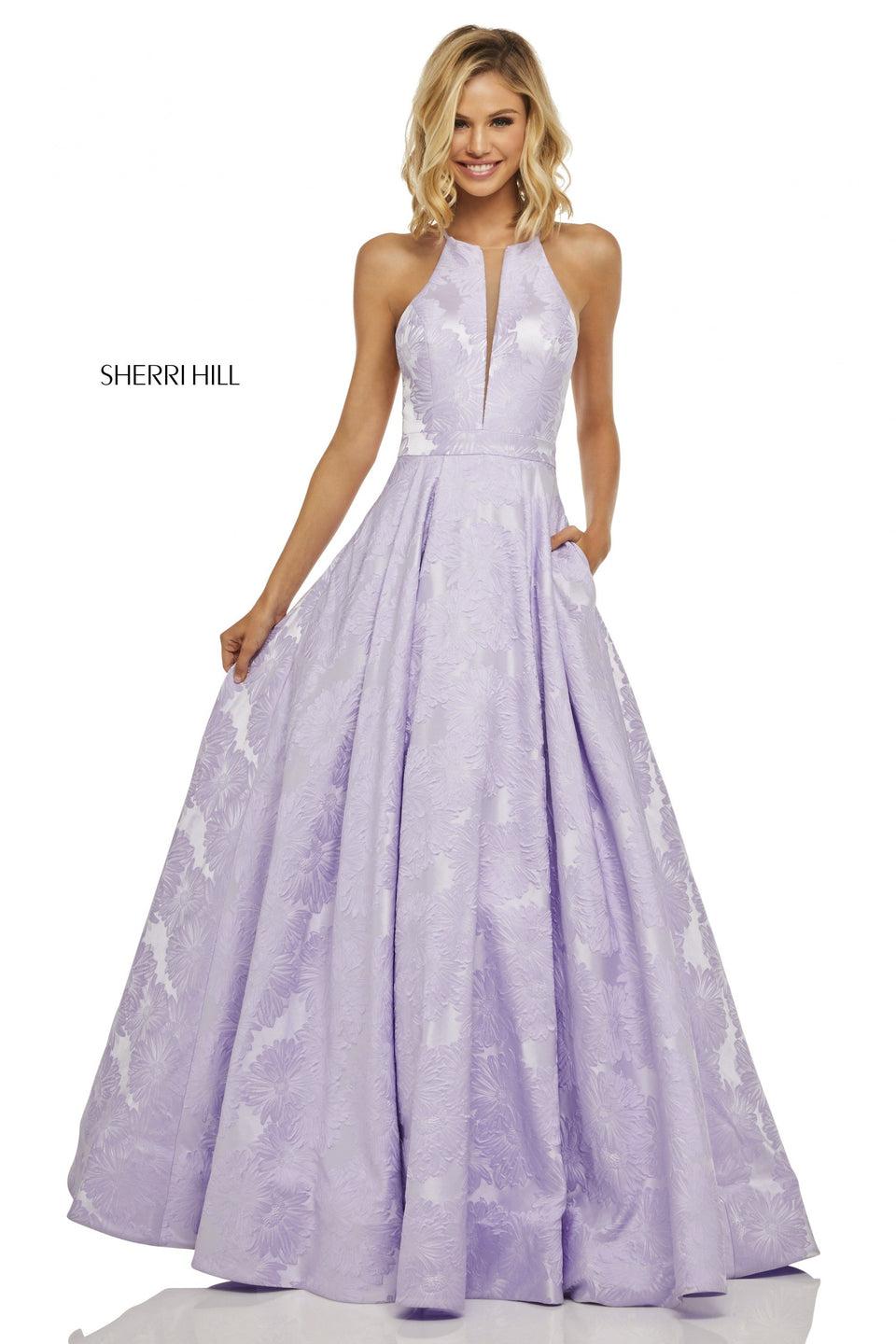 Sherri Hill Jacquard A-line Dress With Slit High Neckline