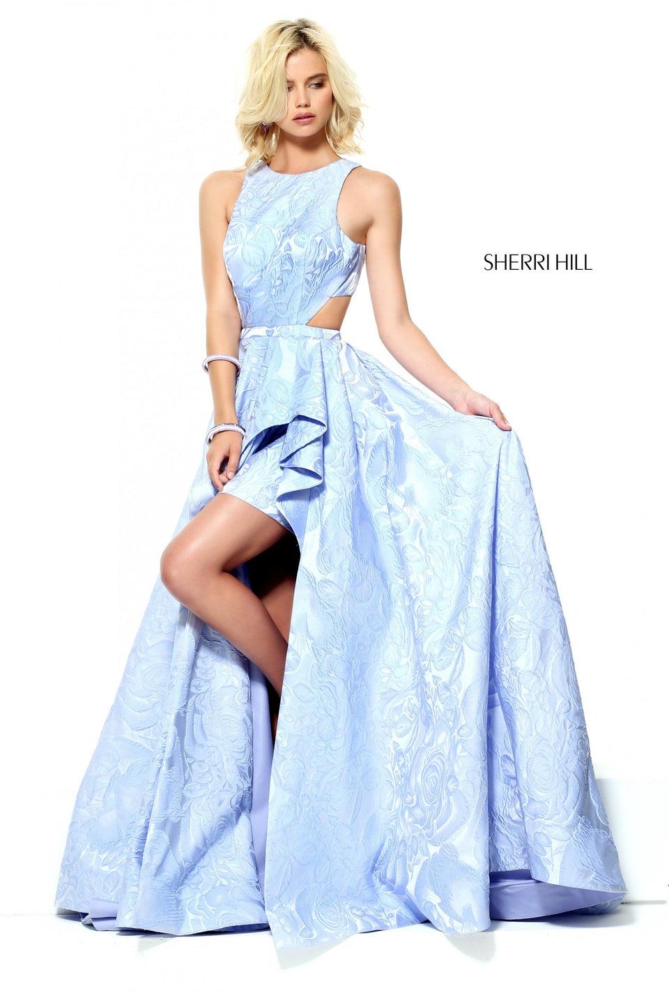 sherri hill Jacquard A-line with a kick pleat front and an open back