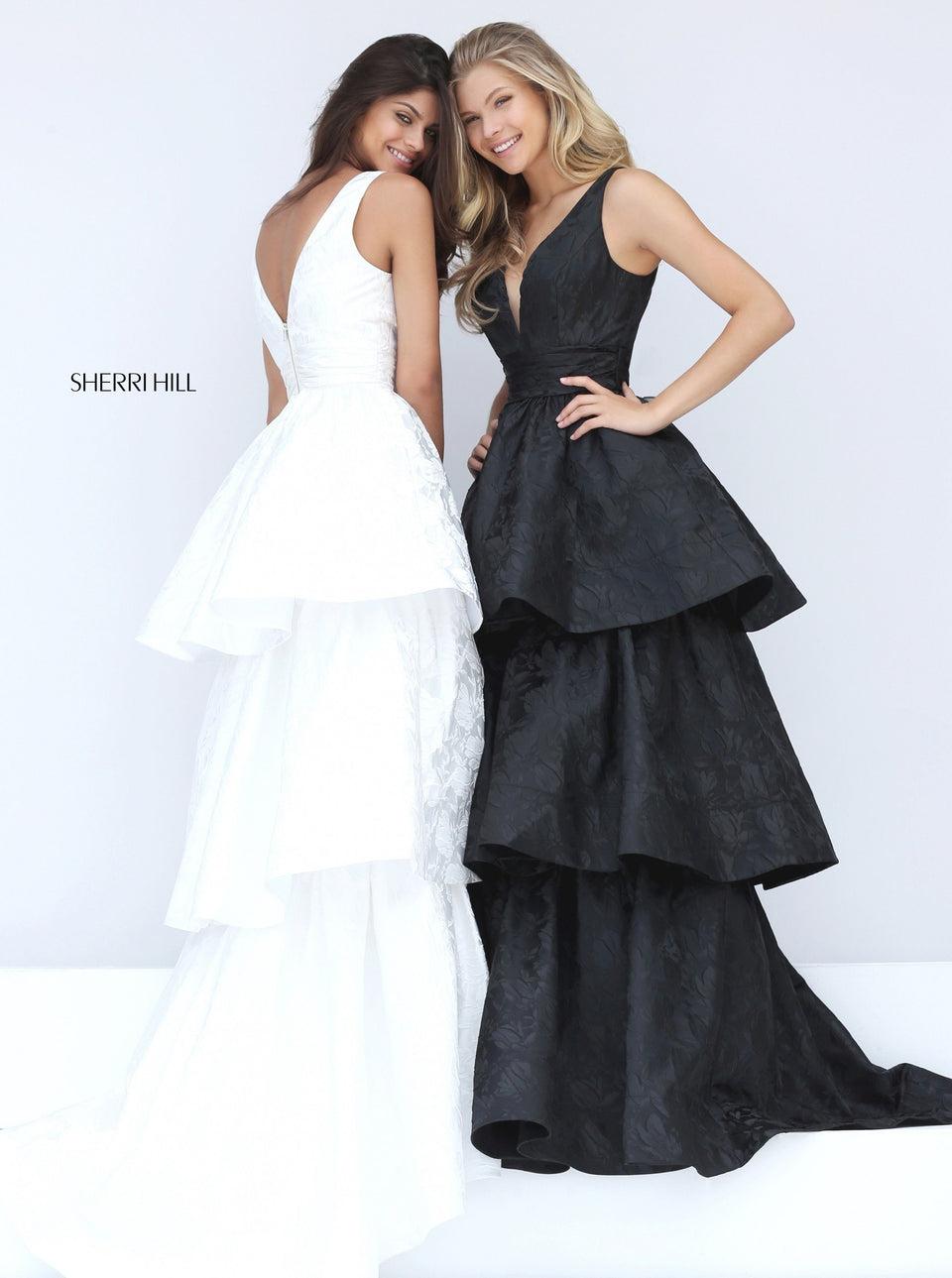 Sherri Hill Jacquard V-neck Bodice With Ruched Waist Band And An A-line Three Tiered Skirt