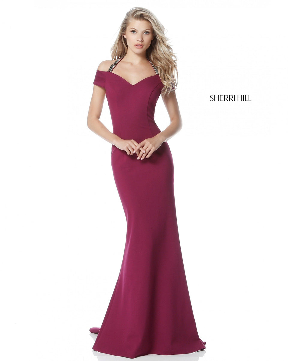 sherri hill Jersey mermaid gown with off shoulder sweetheart bodice and cut out back